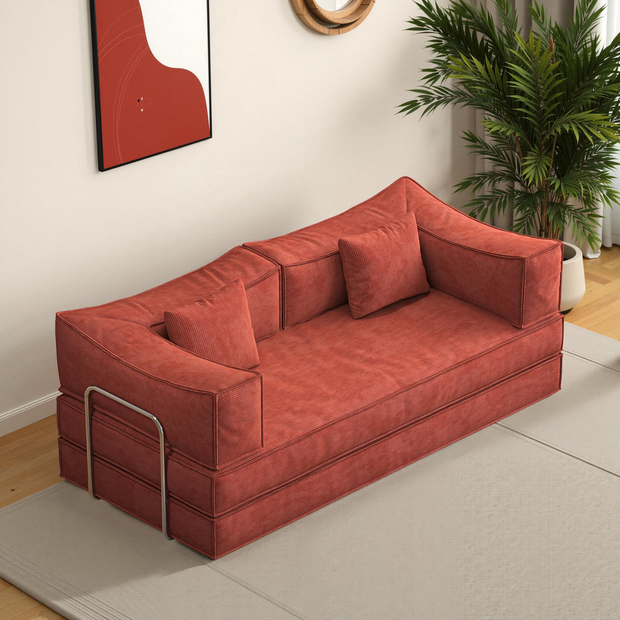 RENDGO 82.67" Folding Sofa Bed Convertable Corduroy Couch King Size Floor Sleeper 4-in-1 DIY Combination Modular Sofas Fold Out Futon Lounge Comfy Foldable Lazy for Living Room-Orange RENDGO