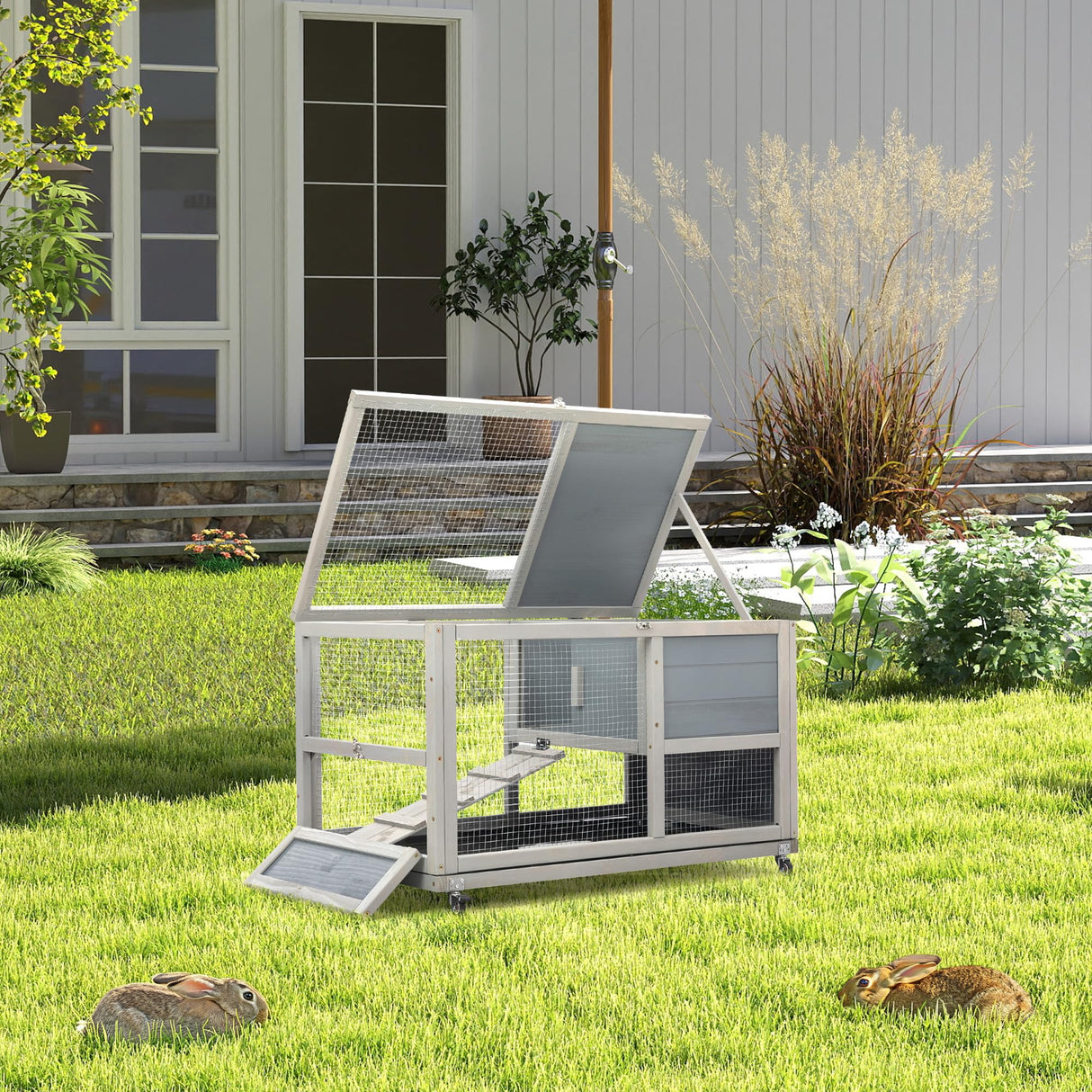 COZIWOW Fashion Wooden 36Inches Rabbit Hutch Outdoor with Wheels Bunny Cage Indoor Durable Rabbit Cage with Removable Tray, Openable Roof, Anti-Slip Ramp for Small Bunny Rabbit (Grey) COZIWOW