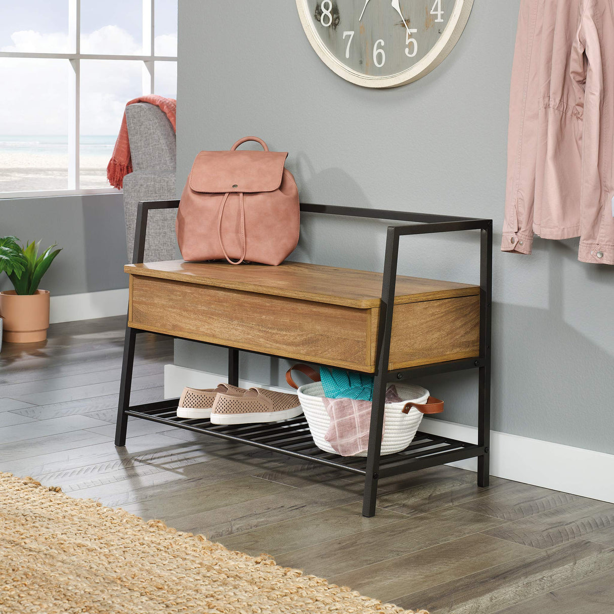 Sauder North Avenue Entryway Bench, Hidden Storage and Shelf, Entry Bench with Storage - Sindoori Mango Finish Sauder