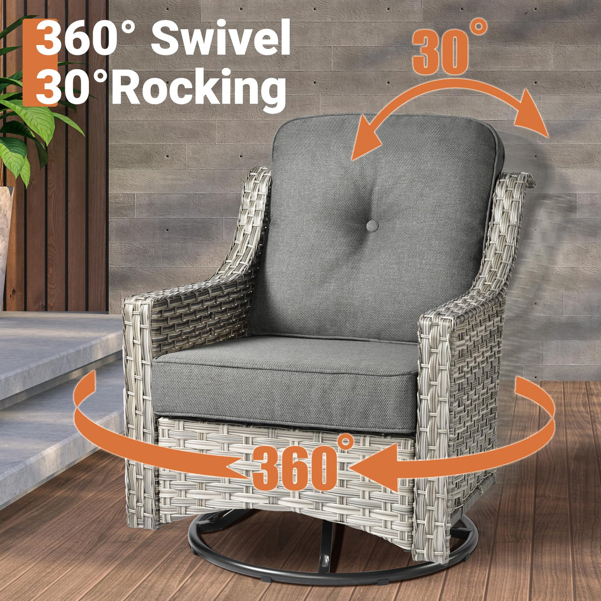 ovios 5 Piece Outdoor Patio Furniture with 3 Seat Sofa,Rattan Wicker Coversation Set with Swivel Rocking Chair,Balcony Sofa Set with Shiny Table for Outside Porch Backyard Pool,Dark Grey ovios