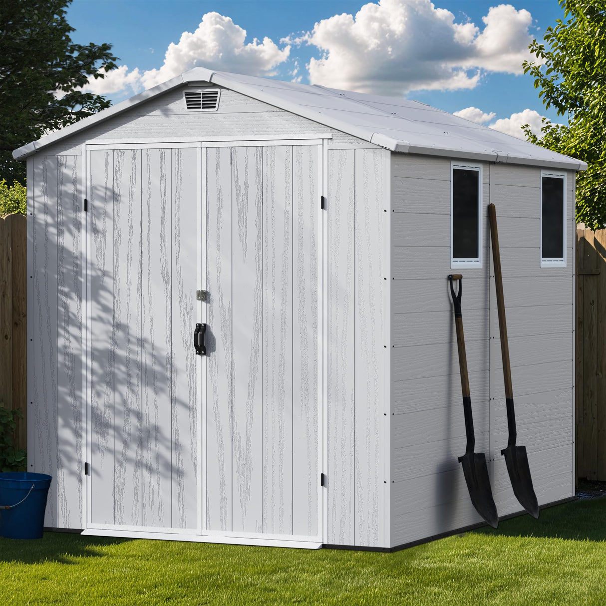Greesum 6×8FT Plastic Outdoor Storage Shed with Floor, Resin Storaged Sheds with Lockable Double Door, Windows & Vents, All-Weather Tool Sheds for Garden, Backyard, Patio, Light Gray Greesum
