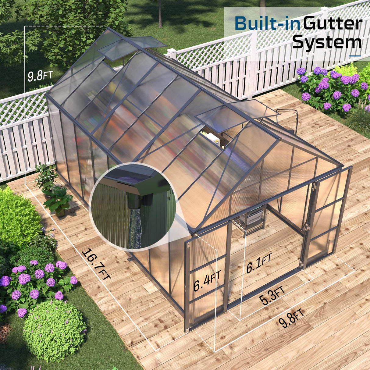 HOWE 10x16x10 FT Polycarbonate Greenhouse 6.3FT Added Wall Height Walk-in Large Aluminum Greenhouse Double Swing Doors 4 Vents, Sunroom Winter Greenhouse for Outdoors, Black HOWE