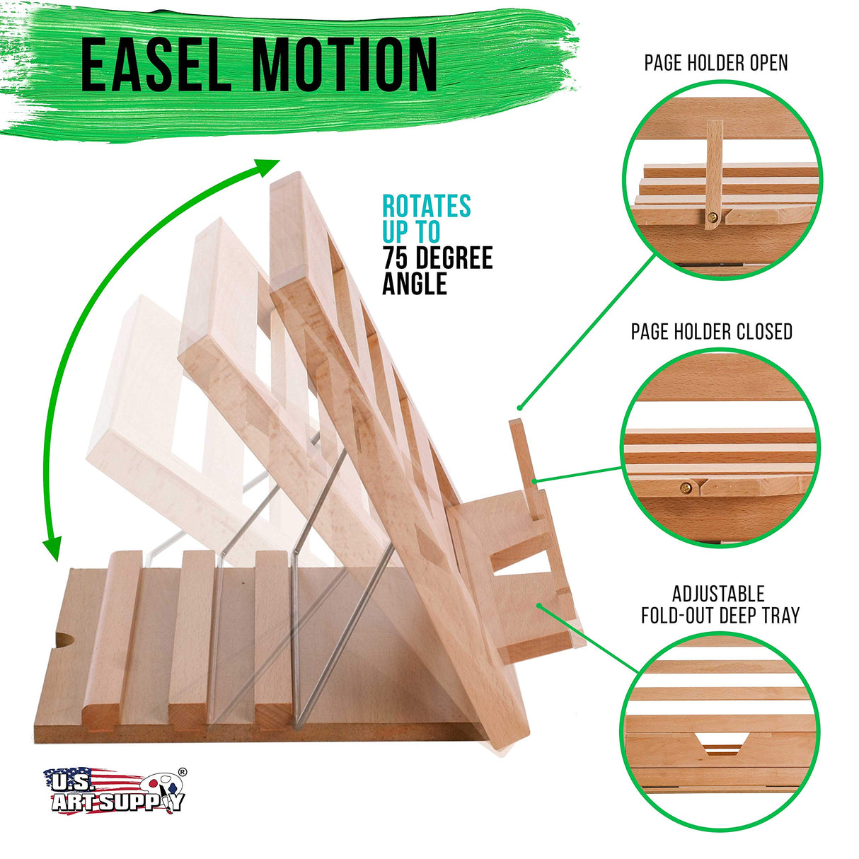 U.S. Art Supply Large Wooden Table Easel - Adjustable Incline, 2 Page Holders - Functions as Wooden Cookbook Stand, Kitchen Countertop Recipe Rack, Tablet Rest & Cook Book Holder for Kitchen Counter U.S. Art Supply