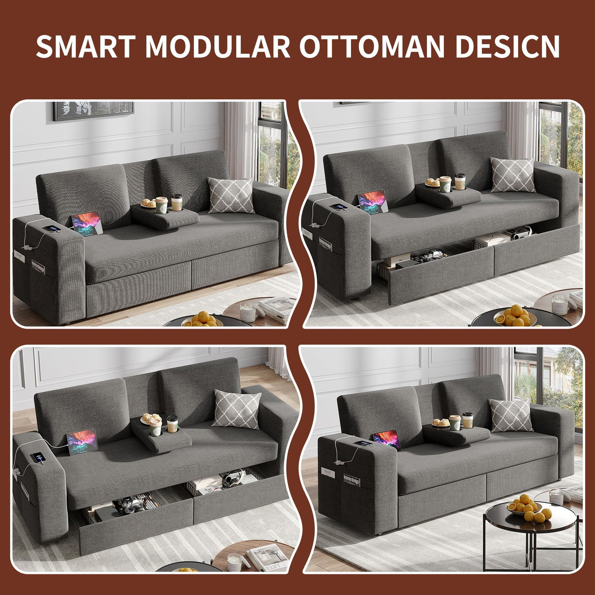 Maupvit 75” Loveseat Sofa with 2 Drawers, USB & Type-C Charging Port, Comfortable Linen Living Room Couch with Small Table Board, Upholstered Small Settee Fits Bedroom, Office, Grey Maupvit