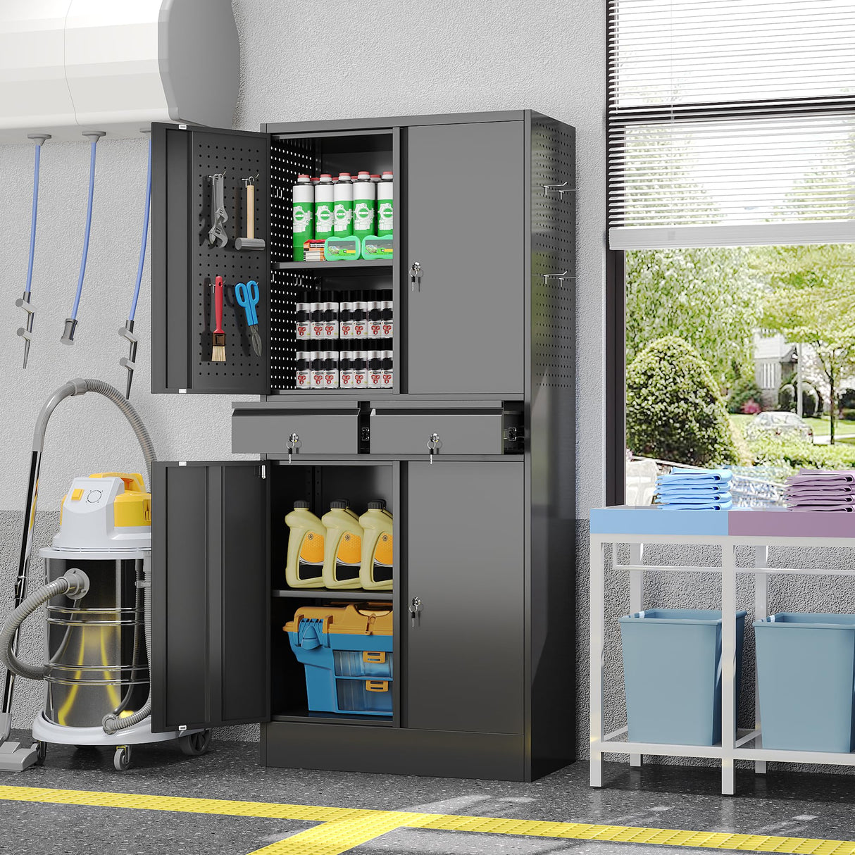 GLADIW Garage Storage Cabinet, Metal Storage Cabinet with 2 Drawers and 2 Adjustable Shelves, Metal Lockers with Pegboards for Homes, Offices, Kitchens, Schools and Pantries GLADIW