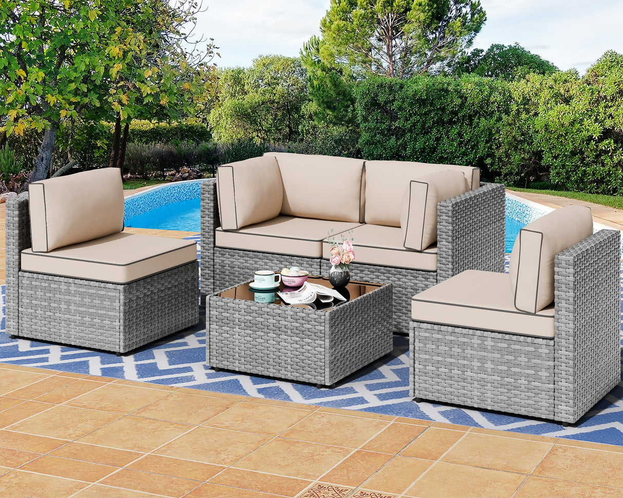 Shintenchi 5 Pieces Outdoor Patio Furniture Sets, Patio Sectional Sofa Couch, Gray PE Wicker Furniture Modular Patio Conversation Sets Patio Sofa with Washable Cushions & Table(Khaki) Shintenchi