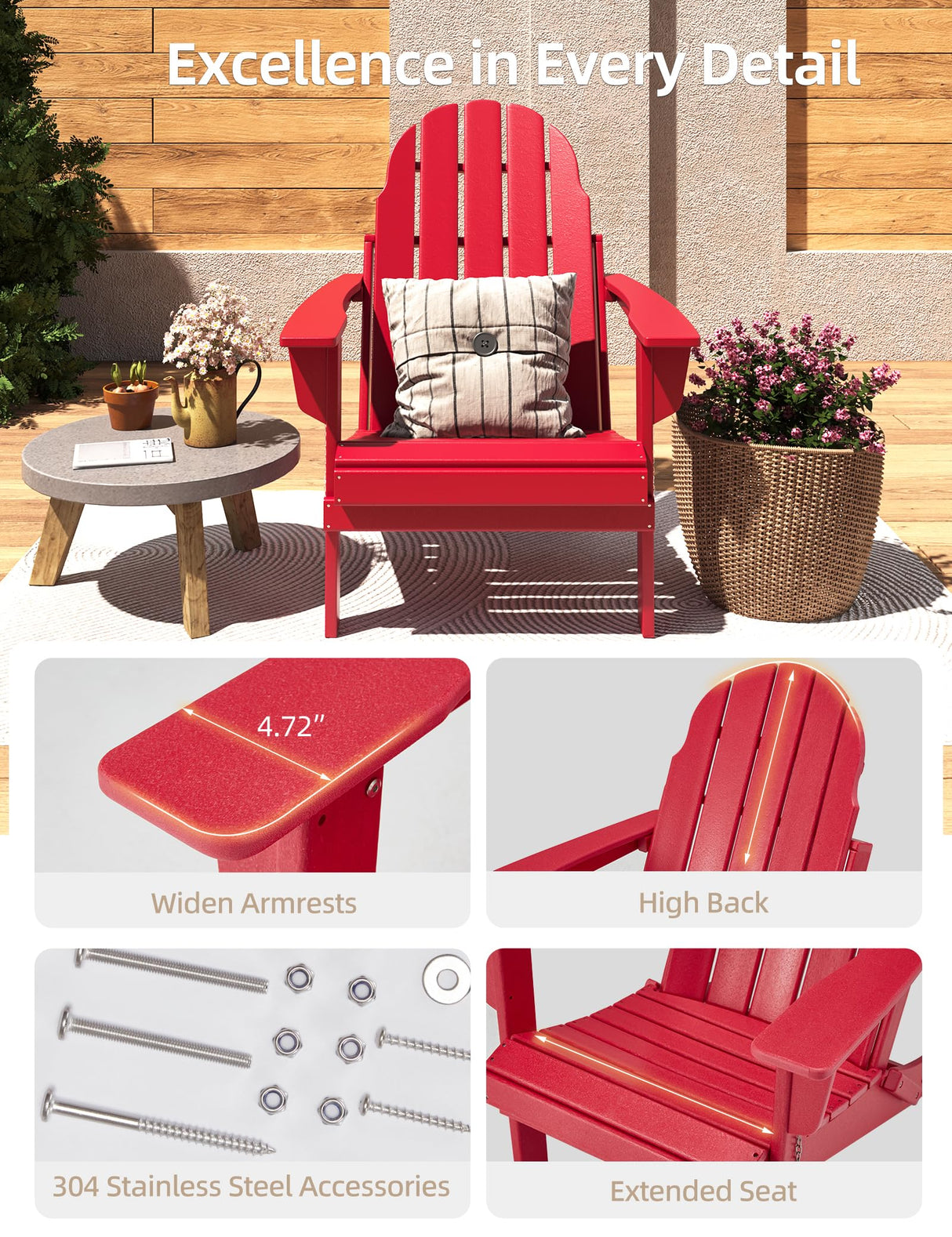 Folding Adirondack Chair - Durable HDPE Poly Lumber All-Weather Resistant, Foldable Oversized Balcony Porch Patio Outdoor Chair for Lawn, Backyard, Deck, Garden, Camping - Easy Installation, Red BUPPLEE