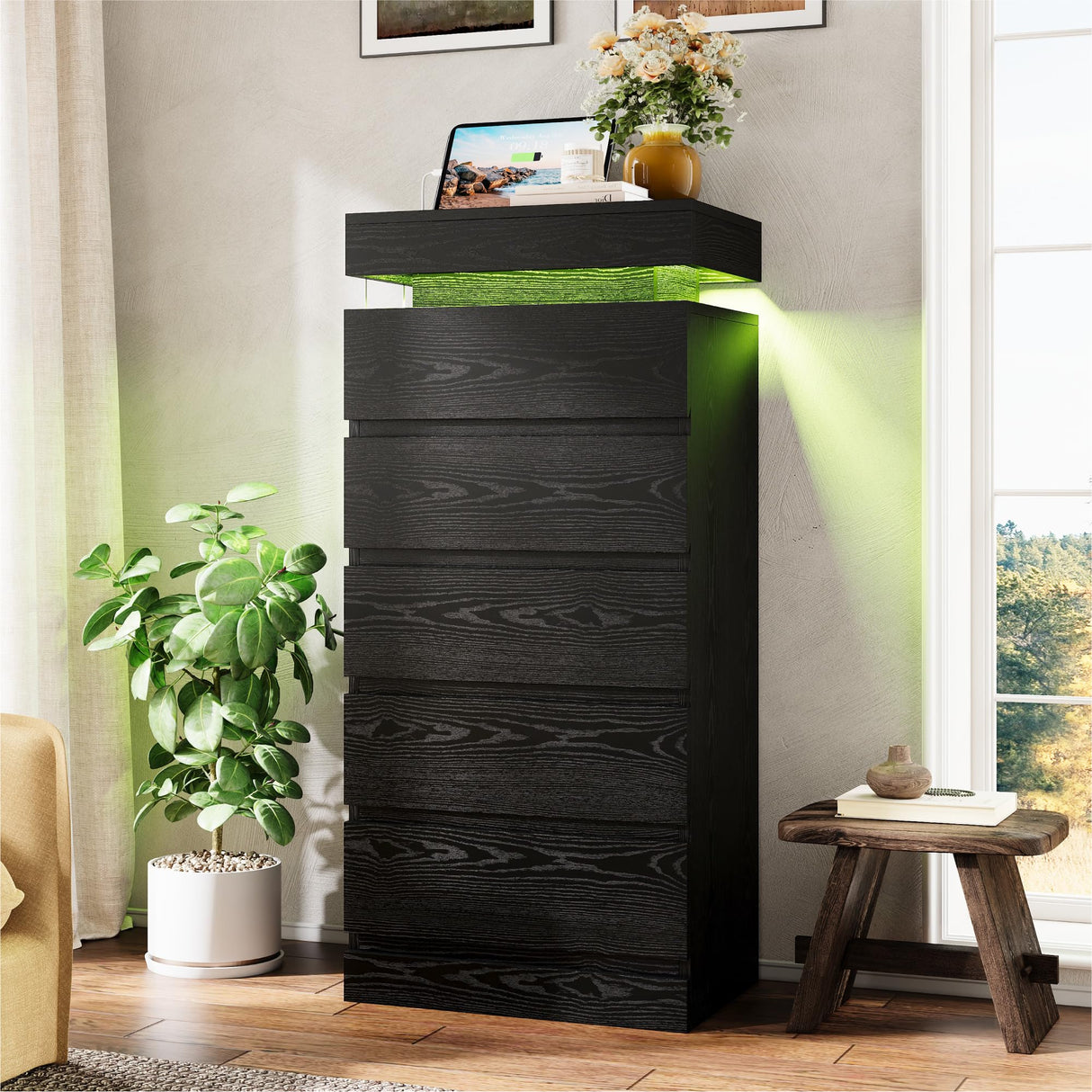 LIKIMIO 54" Tall 5 Drawer Dresser for Bedroom, Black Dresser with LED Light and Power Outlet, Wood Modern Chest of Drawers for Living Room, Entryway, Hallway LIKIMIO