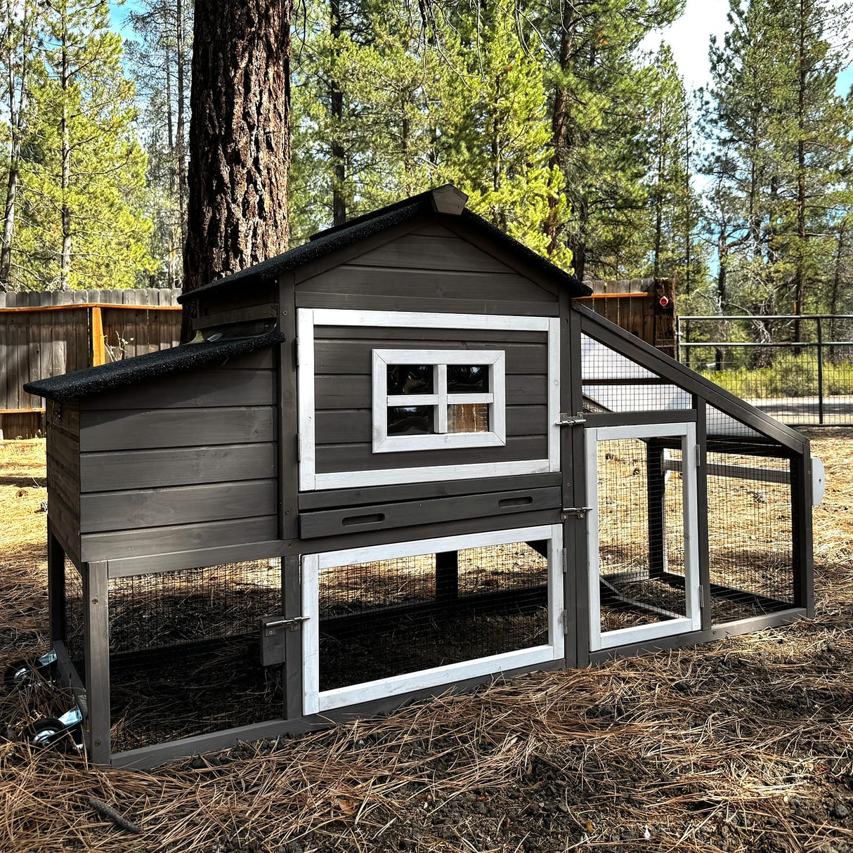 GUTINNEEN Chicken Coop Mobile Hen House Wooden with Run Poultry Cage with Nesting Box,Field Grey GUTINNEEN