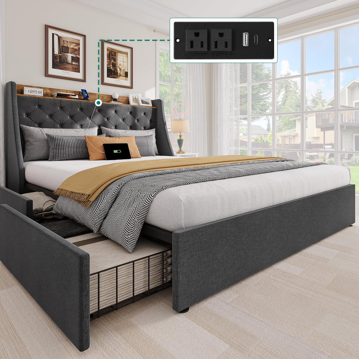 YITAHOME Queen Upholstered Platform Bed Frame with Wingback Headboard and 4 Storage Drawers, Built-in Outlets and USB Ports, Sturdy Wood Slats, No Box Spring Needed - Gray YITAHOME