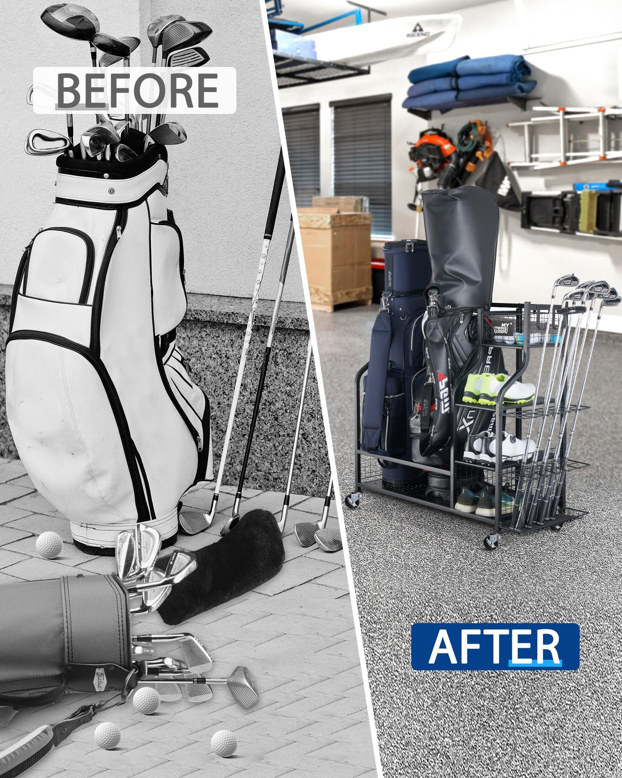 Mythinglogic Golf Storage Garage Organizer,Golf Bag Storage Stand and Other Golfing Equipment Rack,Extra Large Design for Golf Clubs Accessories,2 golf bag rack Mythinglogic