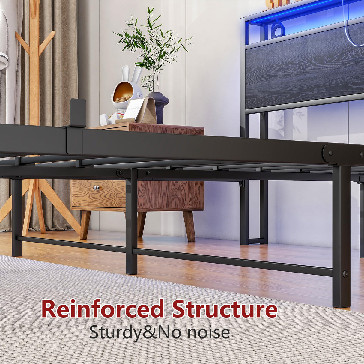 Queen Bed Frame with Storage Headboard/LED Lights,Metal Platform Bed Frame Queen Size with Storage Charging Station,Queen Bed Frame No Box Spring Needed,Heavy Duty Metal Slats,Bed Base,No Noise,Black HOJINLINERO