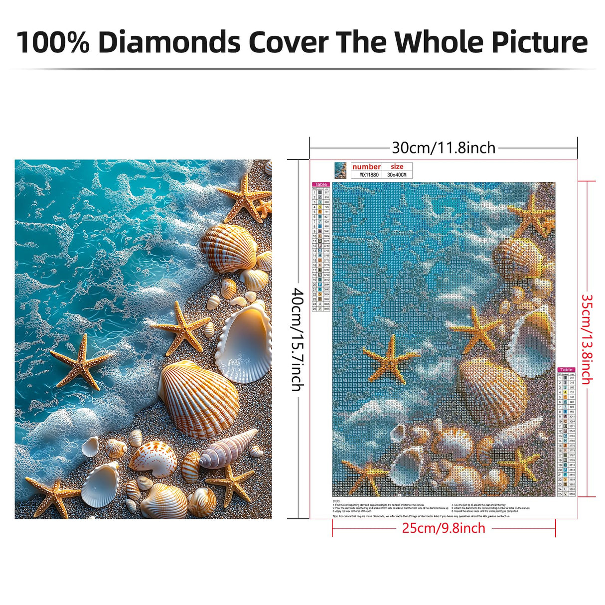 Lxmsja Seashells Diamond Art Kits for Adults, Beach Diamond Painting Kits for Beginners, 5D DIY Full Drill Gem Art Crafts for Adults, Home Wall Decor 12x16 inch Lxmsja