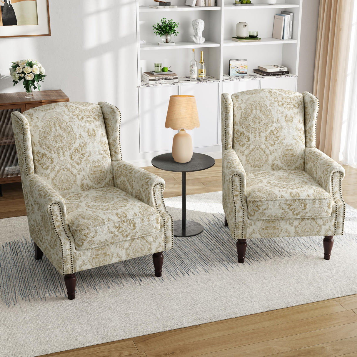 Pia Ricco High Back Floral Accent Chair - Retro Wingback Upholstered Armchair with Nailhead Trim, Solid Wood Legs, Fabric Living Room Bedroom Reading Chair (Flower White) Pia Ricco