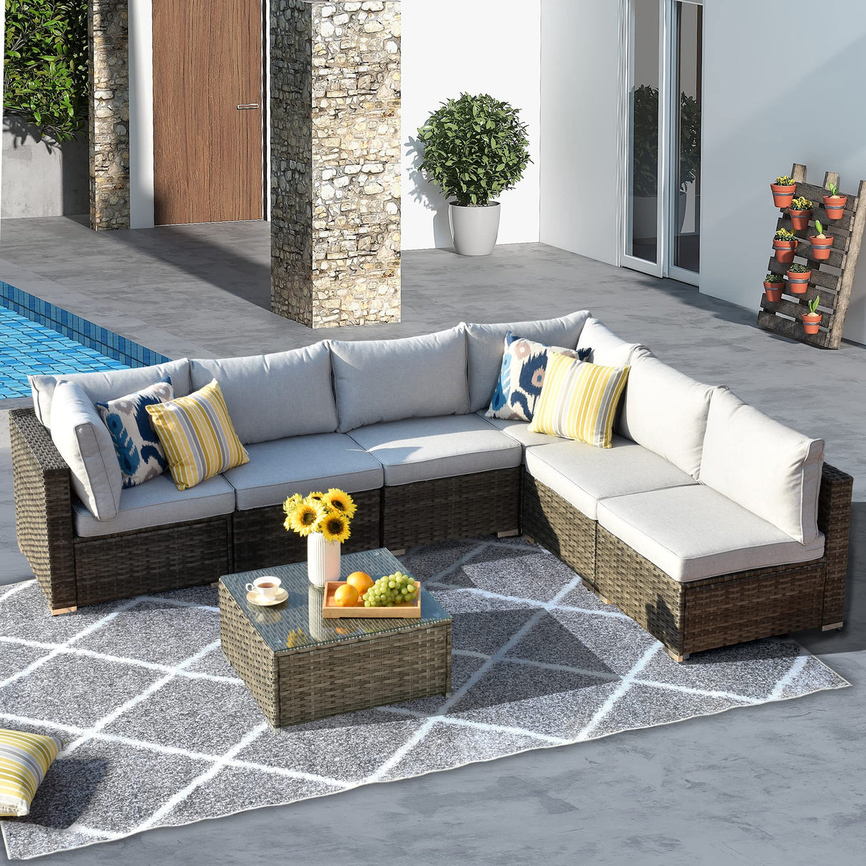 HOOOWOOO Patio Outdoor Sectional Furniture Sofa Set,7 Piece U Shaped Corner Wicker Rattan Couch Set,Rustic 6 Persons Summer Patio Conversation Set for Outside Porch Deck Garden(Light Gray) HOOOWOOO