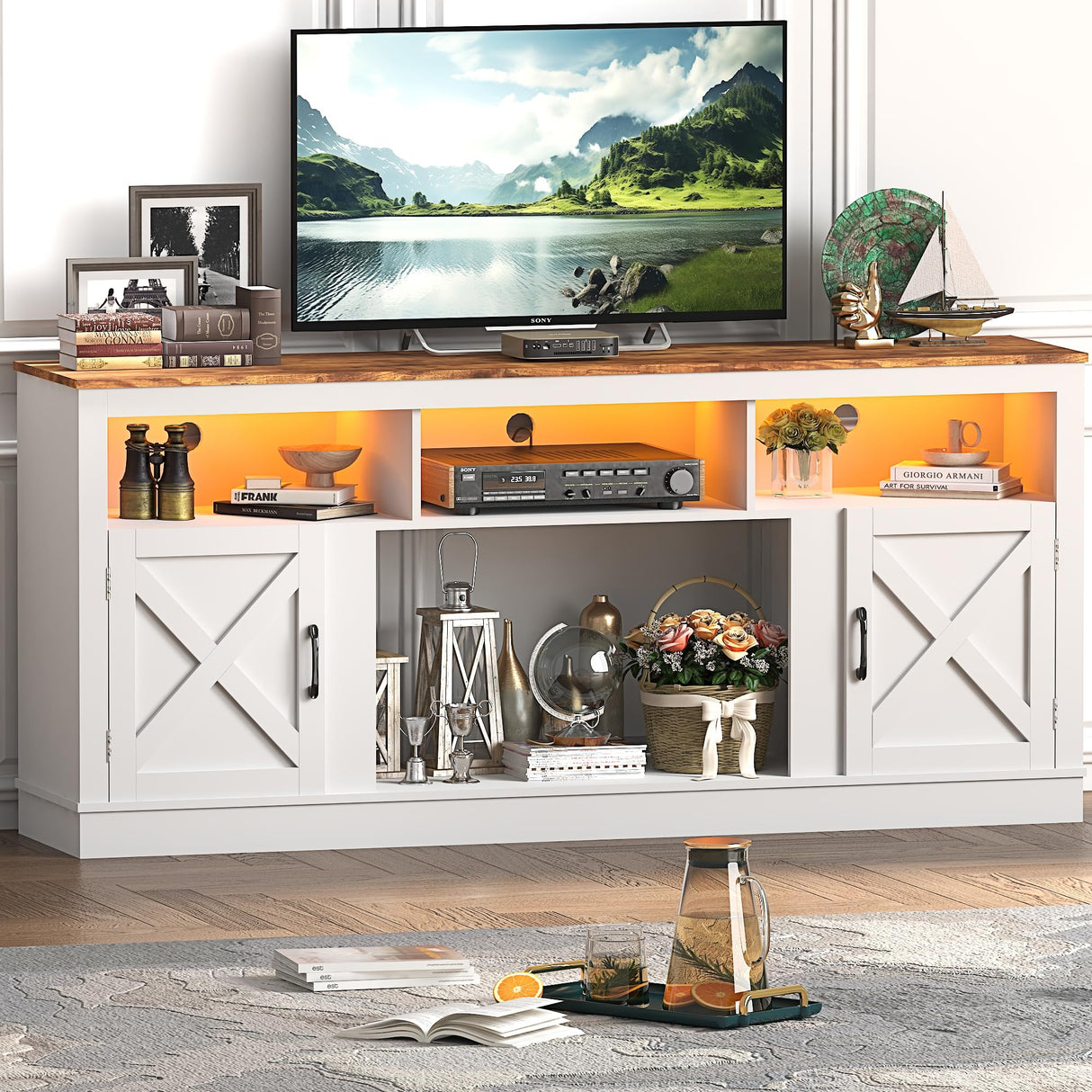 jiteentarou Farmhouse TV Stand for 70/75/80 Inch TV, 32”Tall Entertainment Center w/LED Light, Large Media Console Cabinet w/Barn Doors & Adjustable Shelves for Living Room, White jiteentarou