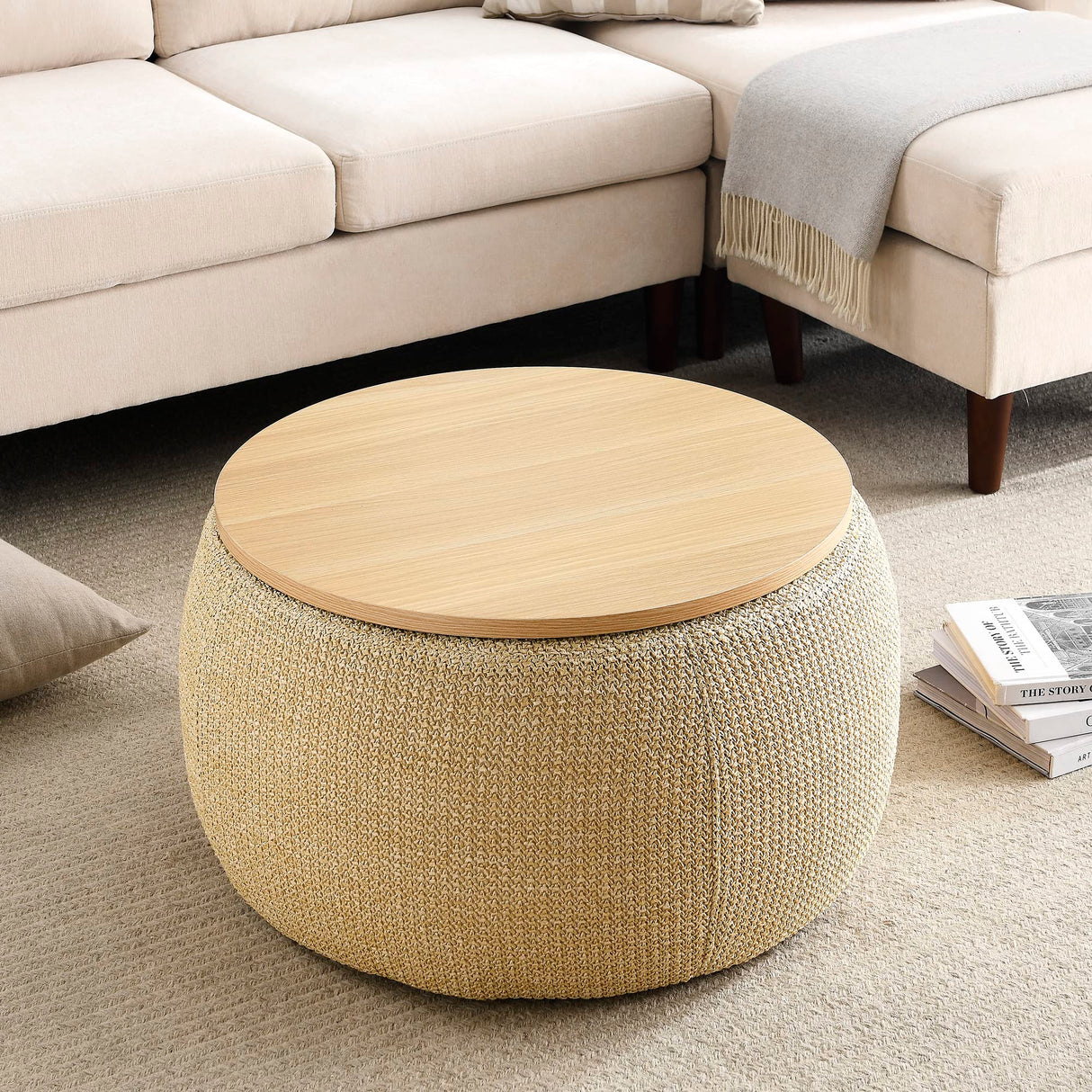 Kakotito Modern Round Storage Ottoman with Wooden Lid,Circle Ottoman Handmade Ottoman Coffee Table,End Table & Footstool for Living Room (Natural) Kakotito