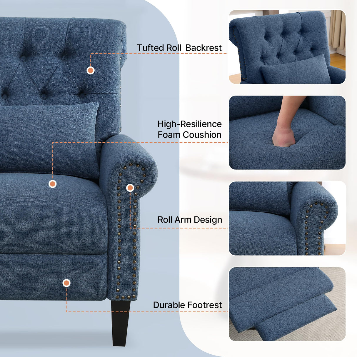 choairy Pushback Recliner Chair, Accent Push Back Chair with Adjustable Footrest Wingback, Upholstered Linen Fabric Reclining Sofa with Side Pocket, Comfy Modern Armchair for Living Room, Navy Blue choairy