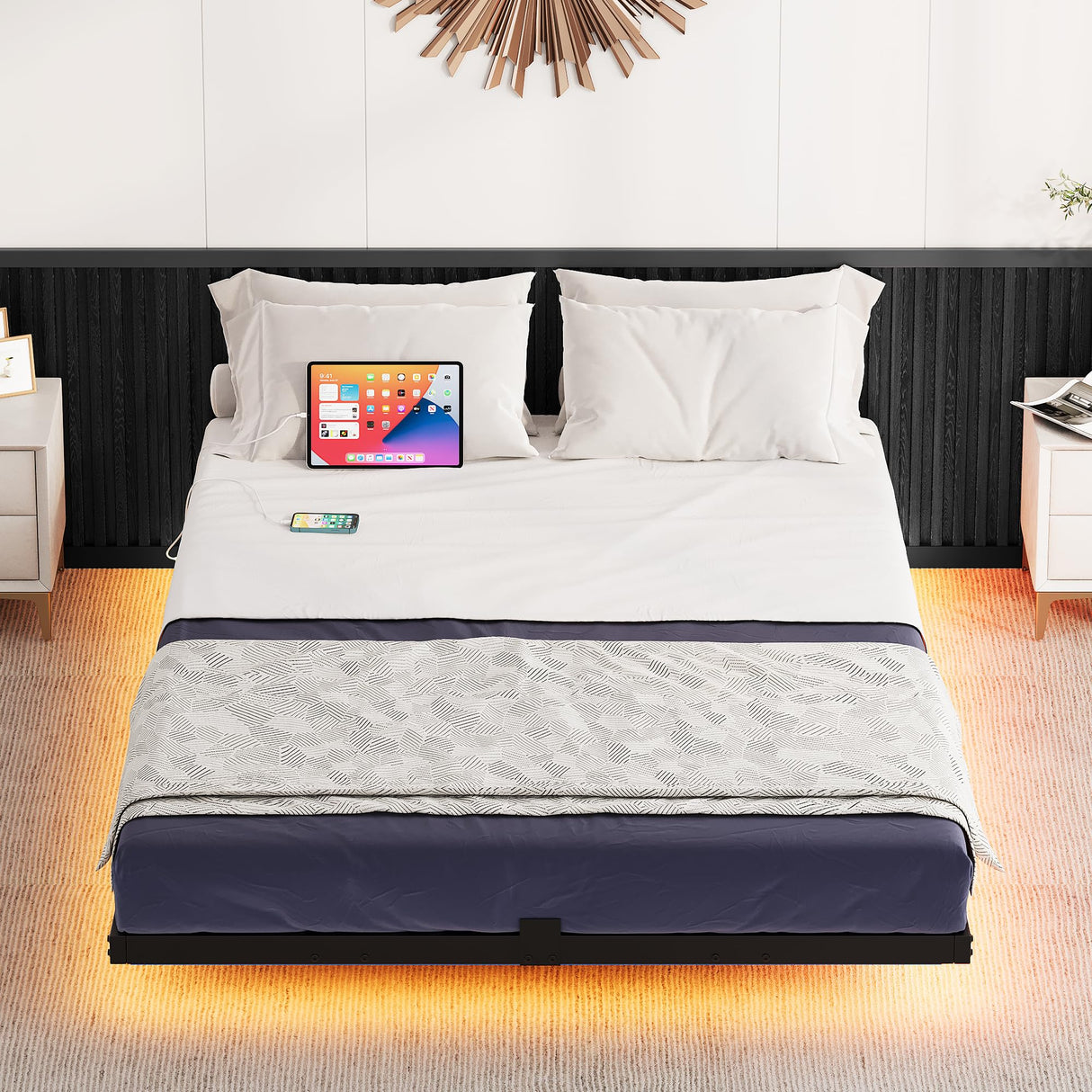 DWVO Full-Size Floating Bed Frame, Metal Platform Bed with LED Light, Charging Hub and Sturdy Steel Slats, Box Spring No Needed, Simple Setup (Black) DWVO