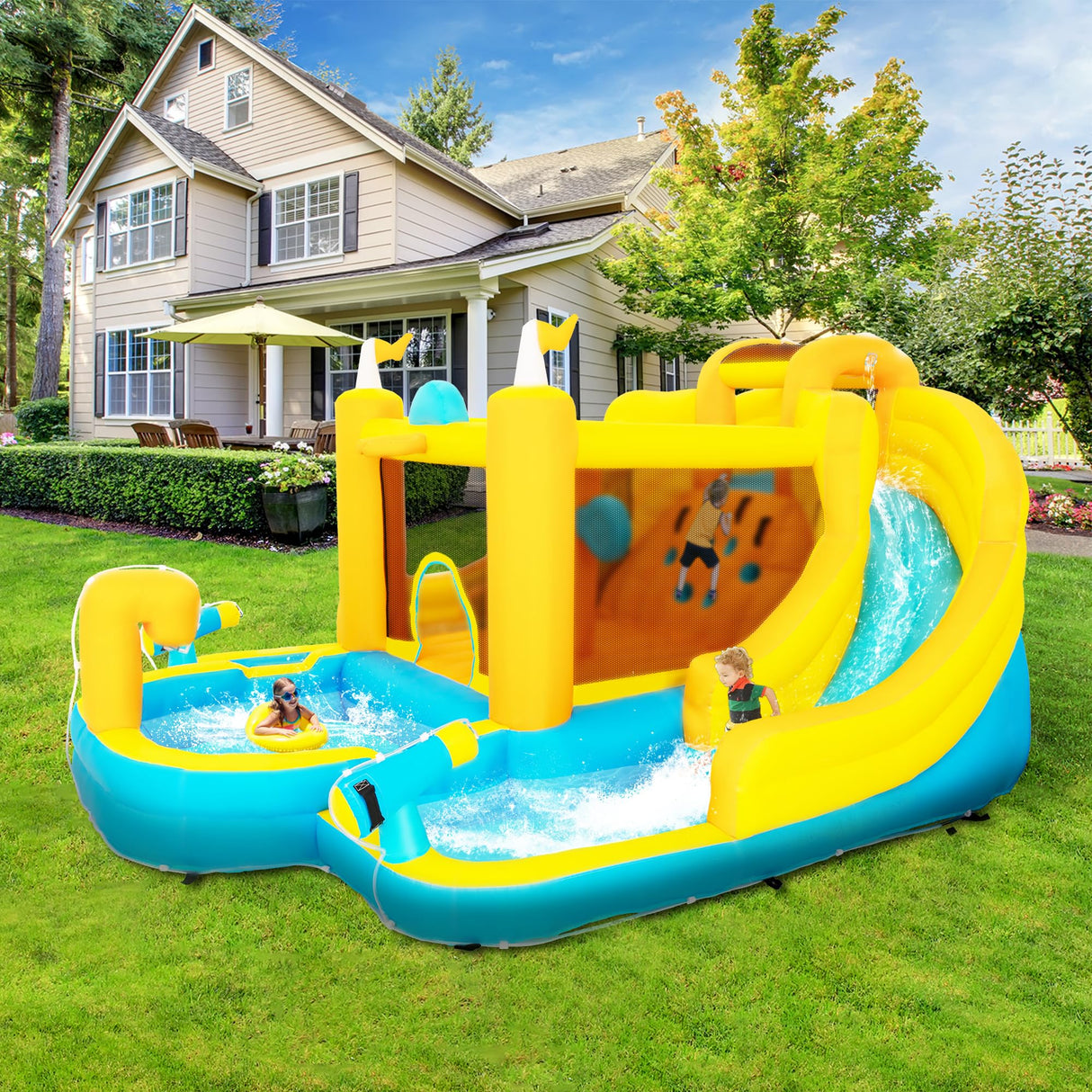 BOWTHY Ultra Inflatable Bounce House Water Slide,15x13FT Mega Water Park with Dual Slides,750W Blower,Climbing Wall,Splash Pool,Basket-Rim,Water Cannon,Great Party Gift for Kids Backyard BOWTHY