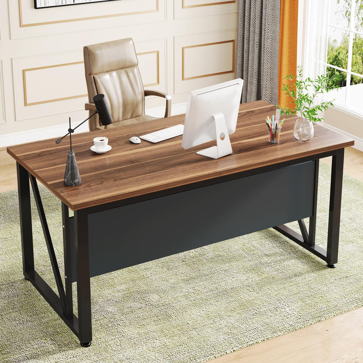 Tribesigns 55 inches Simple Computer Desk,Home Office Desk Writing Table for Workstation,Dark Walnut + Steel Leg, Cabinet not Included (Walnut, 55-inch) Tribesigns