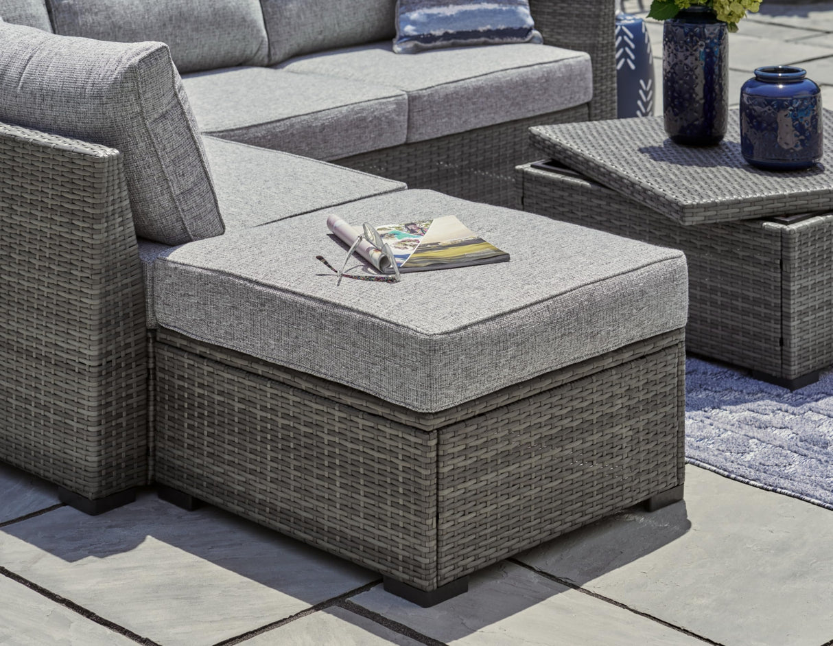 Signature Design by Ashley Petal Road Casual Weather Resistant Cushioned Outdoor Loveseat Sectional/Ottoman/Table Set with 2 Throw Pillows, Set of 4, Gray Signature Design by Ashley