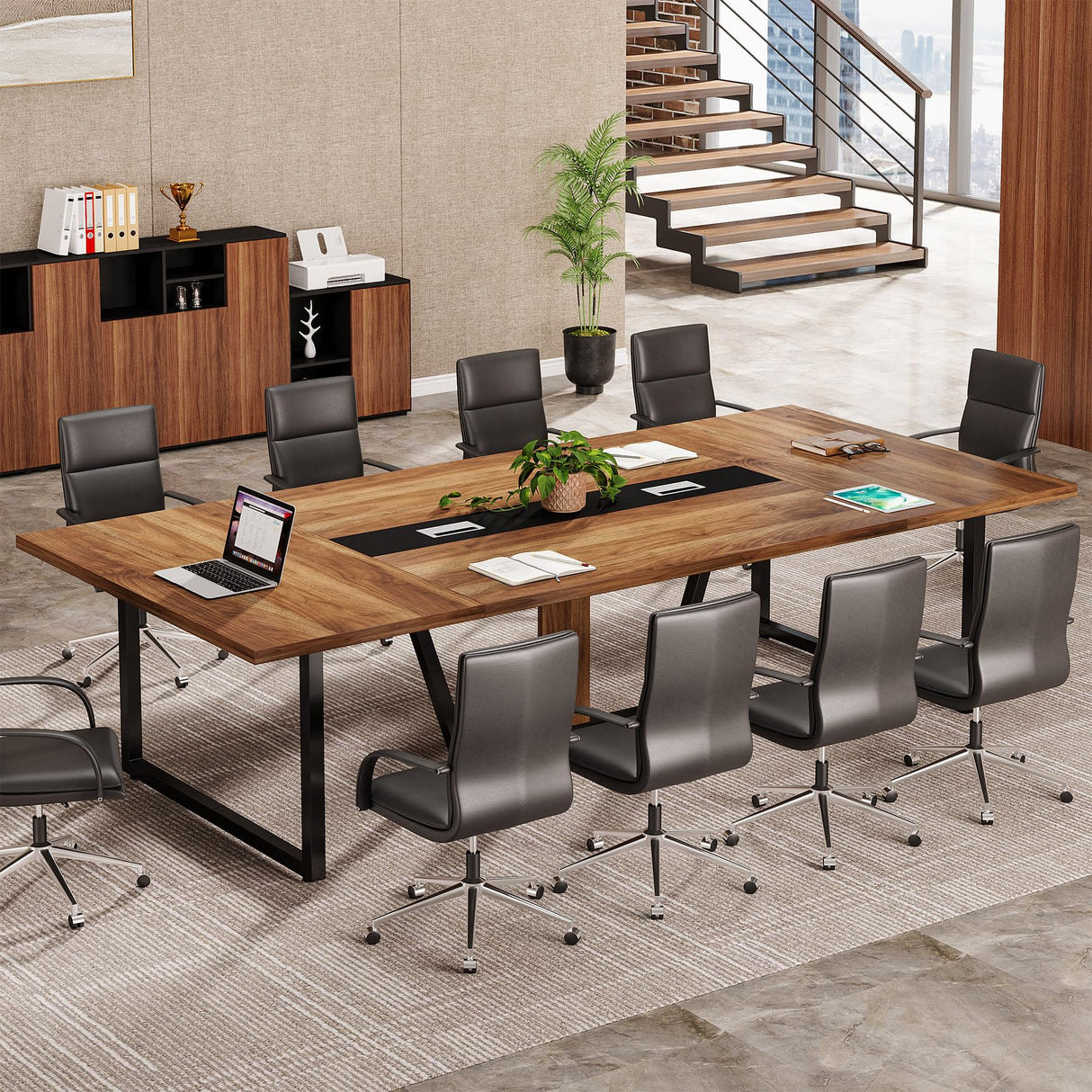 Tribesigns 8FT Large Conference Table for 10 People, Industrial 94.5-Inch Meeting Table with Two Grommets, Rectangular Podcast Training Table for Home Office, Studio, Business, 2 PCS Tribesigns