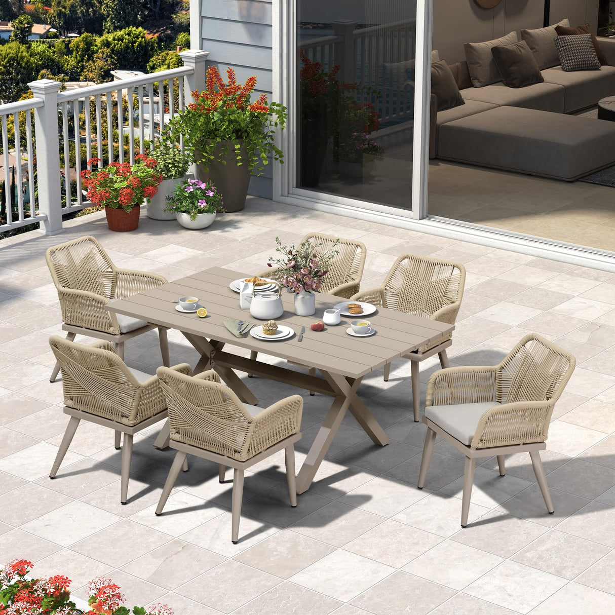 PURPLE LEAF 7 Pieces Outdoor Dining Set All-Weather PE Rattan Outdoor Patio Furniture Set with All Aluminum Frame Rectangular Table and Chairs Set for Lawn Garden Backyard Deck, Champagne PURPLE LEAF