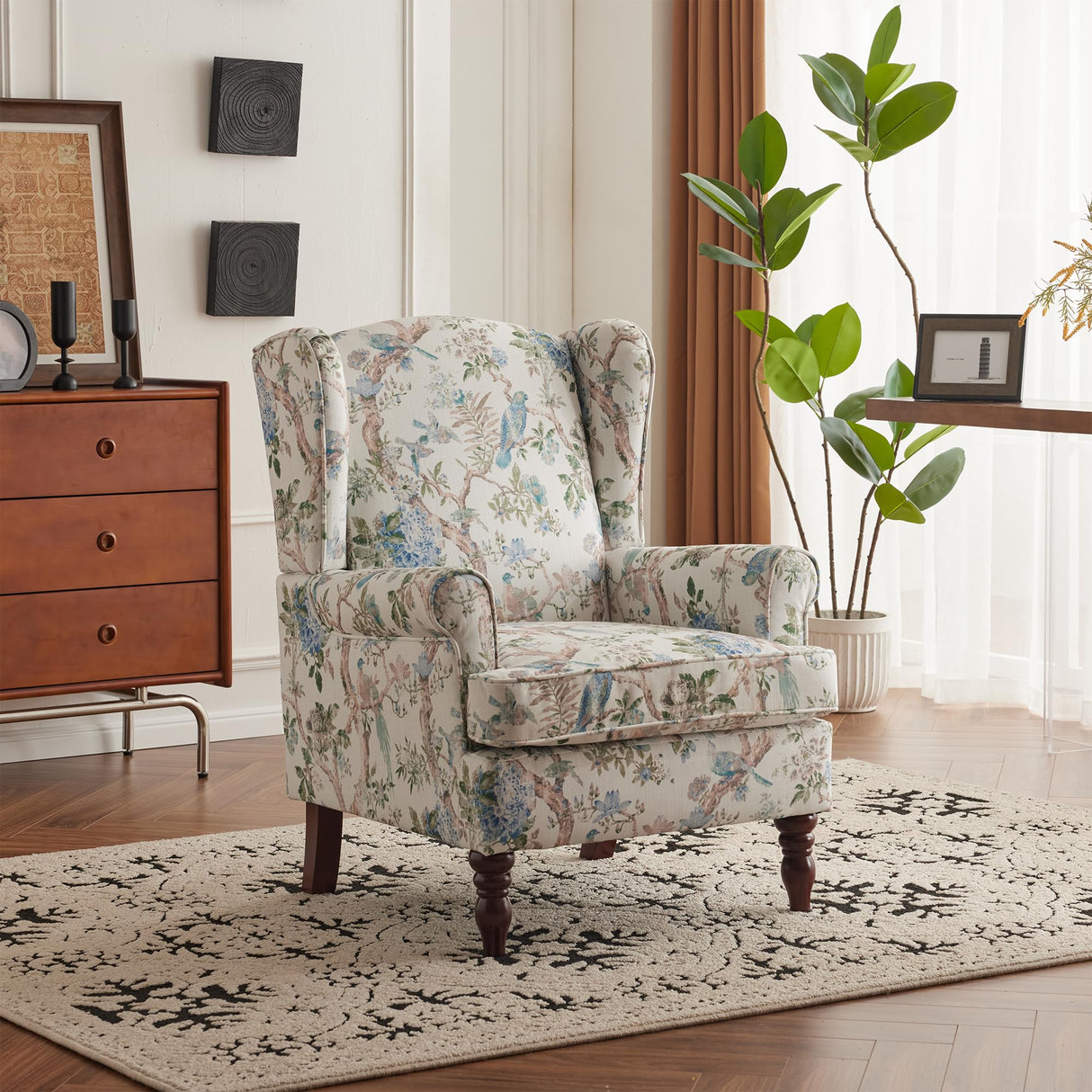 MELLCOM Floral Accent Chair, High Back Upholstered Armchair with Solid Legs, Leisure Single Sofa Chair for Living Room, Bedroom, Home Office, Light Blue Floral&Bird MELLCOM