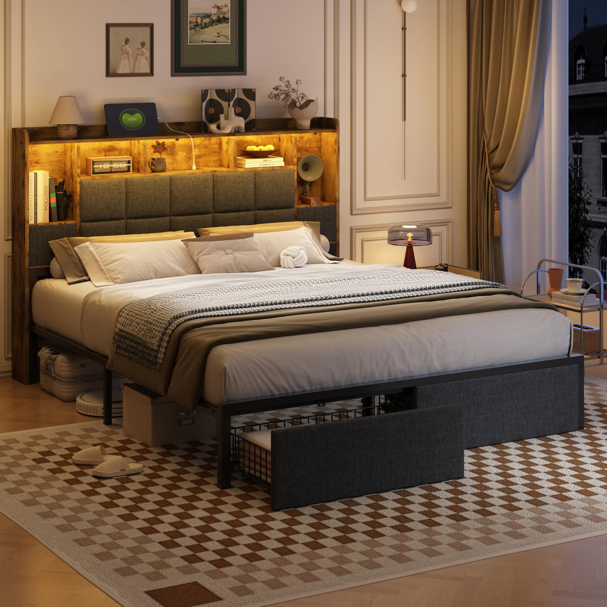 TIGUBFRE King Size Bed Frame with Bookcase Storage Drawers, LED Lights, Upholstered Platform Bed Frame with Headboard, Charging Station, Metal Slats Support, Noise Free, No Box Spring Needed, Grey TIGUBFRE