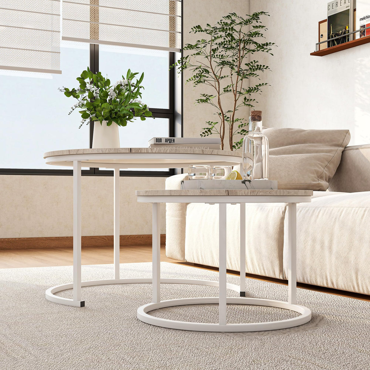 HOJINLINERO Round Coffee Table Set of 2 End Tables for Living Room,Modern White Coffee Table Nesting Tables,Living Room Tables Wood Furniture Metal Frame,Sturdy Stacking Side Tables,Easy Assembly,Oak HOJINLINERO