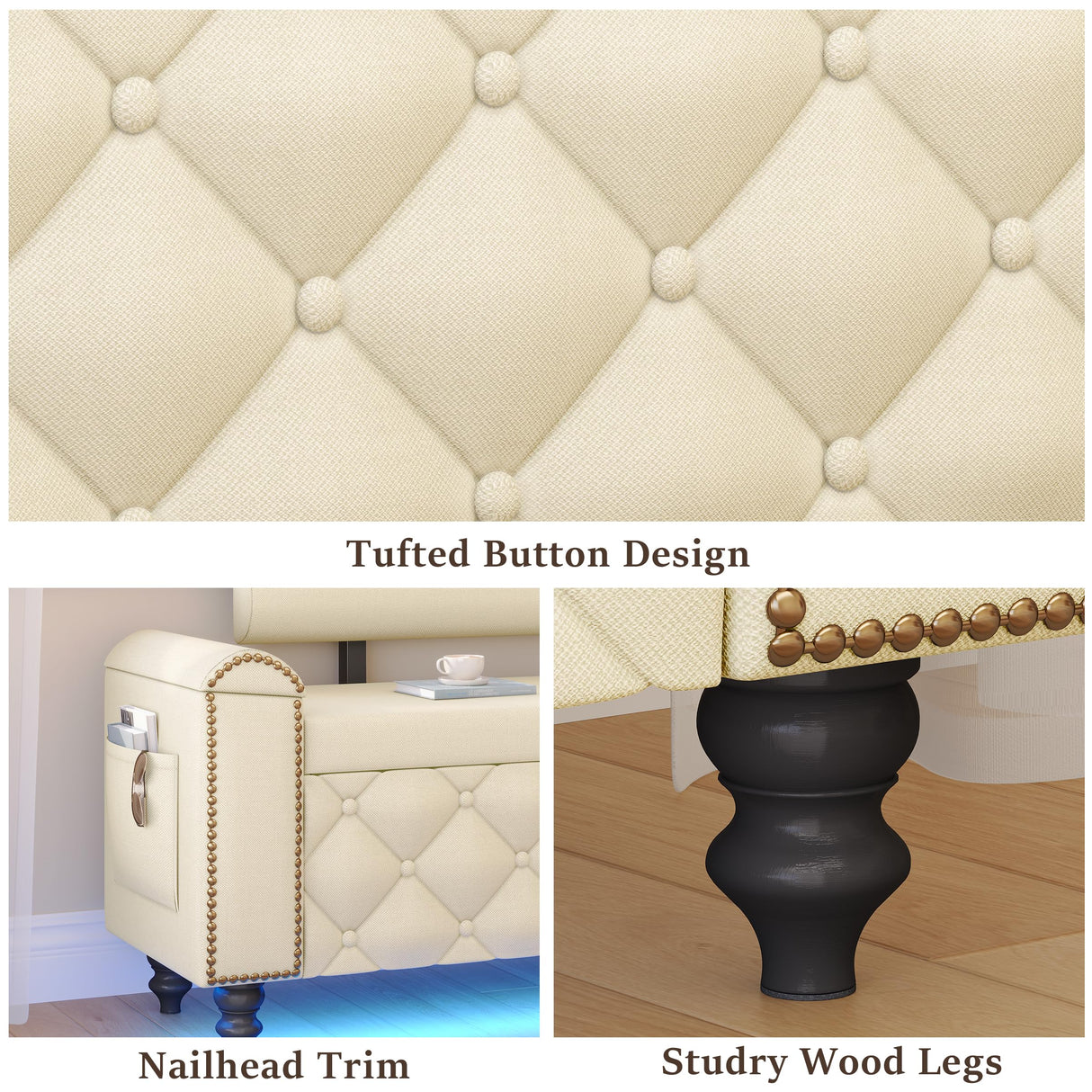 BYSAUD 51" Storage Bench, End of Bed Bench with LED Lights & Curved Arm, Upholstered Ottoman Bench with Storage, Bedroom Bench with Tufted Button & Nailhead Trim for Living Room Entryway, Beige BYSAUD