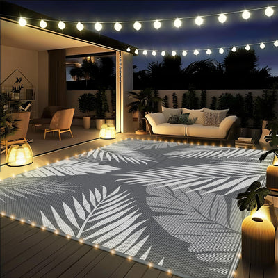 GENIMO Outdoor Rug 6' x 9' Waterproof for Patios Clearance, Reversible Outdoor Plastic Straw Camping Rug Carpet with LED String Light, Area Rugs Mats for RV, Camper, Deck, Balcony, Porch, Grey&White