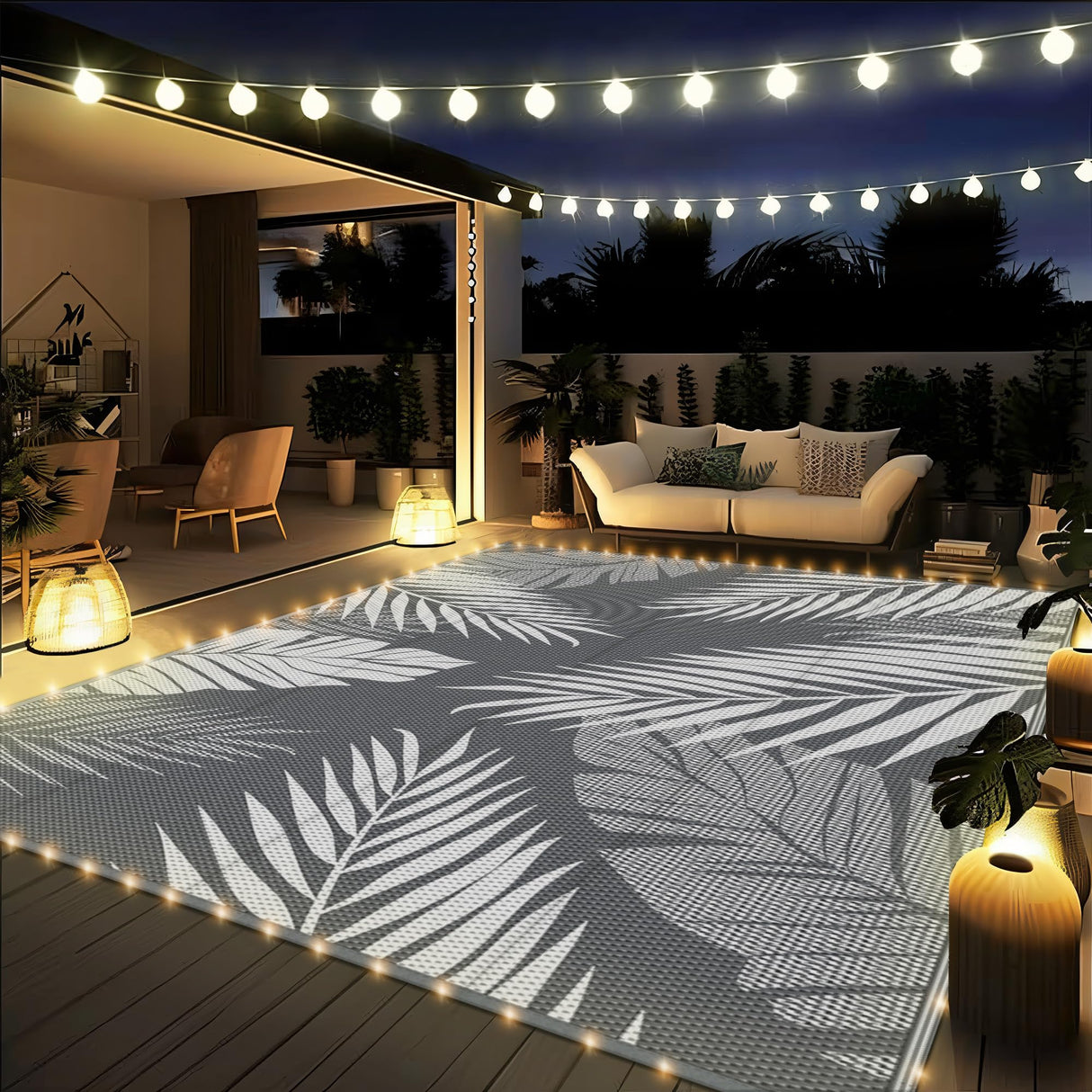 GENIMO Outdoor Rug 8' x 10' Waterproof for Patios Clearance, Reversible Outdoor Plastic Straw Camping Rug Carpet with LED String Light, Area Rugs Mats for RV, Camper, Deck, Balcony, Porch, Grey&White GENIMO