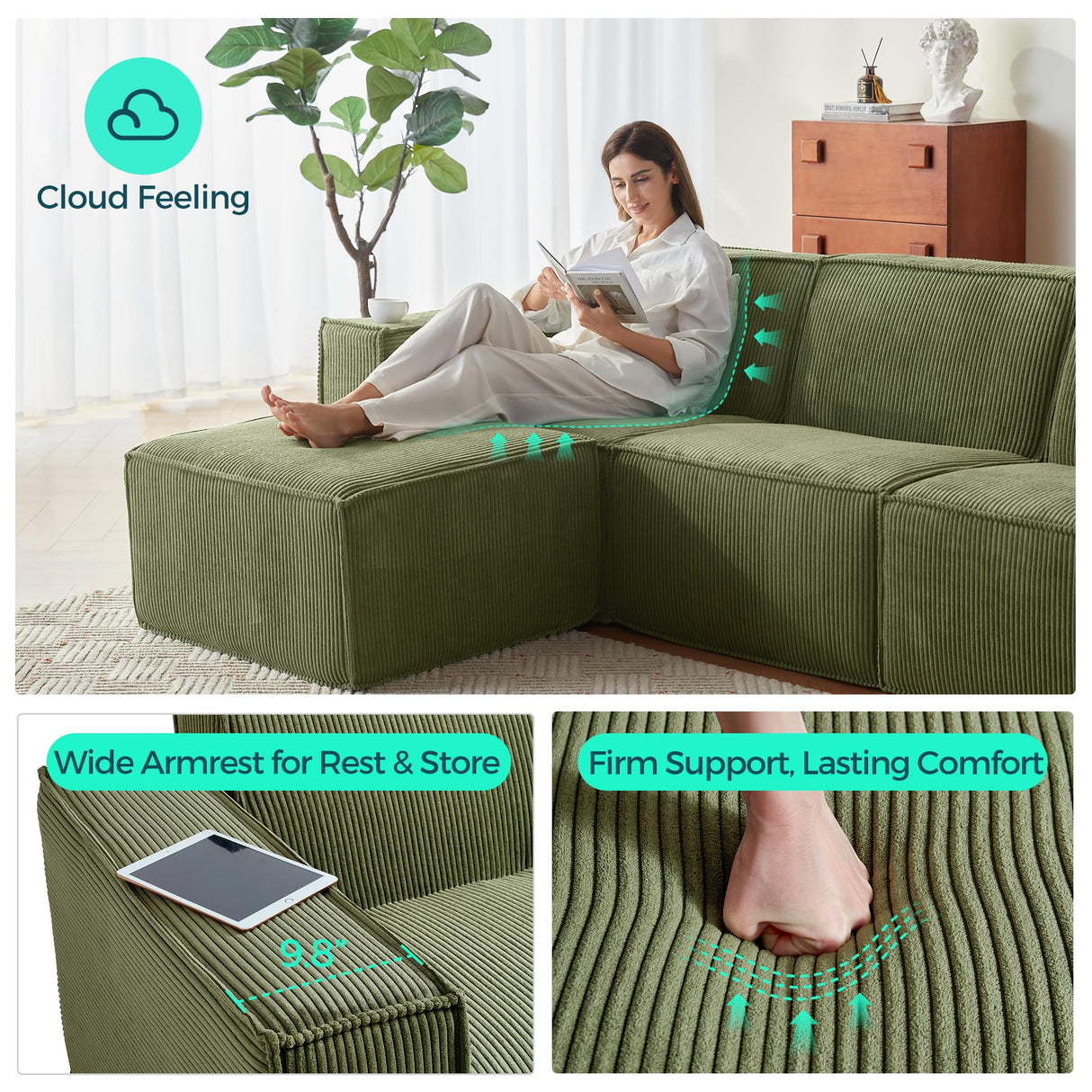 LINSY HOME Modular Sectional Sofa, 134" Boneless Couch L Shaped 4-Seat Sofa with Movable Ottoman, Corduroy Sectional Cloud Couches for Living Room, No Assembly Required, Green LINSY HOME