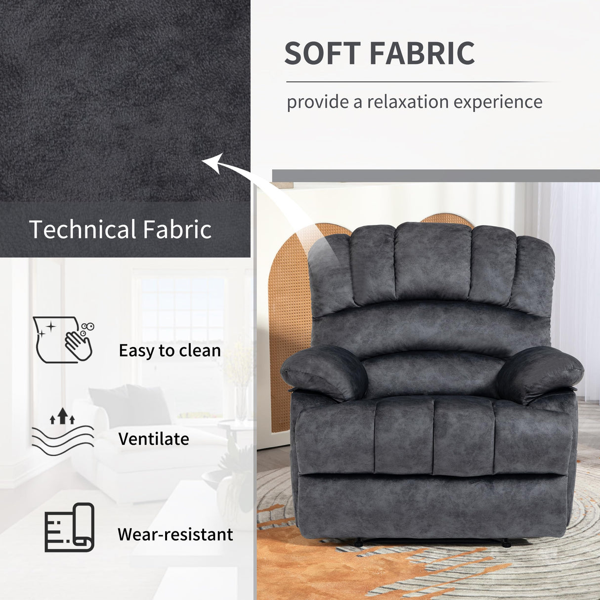 Luxlen Large Manual Recliner Chair,Soft Fabric Push Back Recliner with Overstuffed Armrest and Backrest, Living Room Single Sofa Recliners,Grey Luxlen