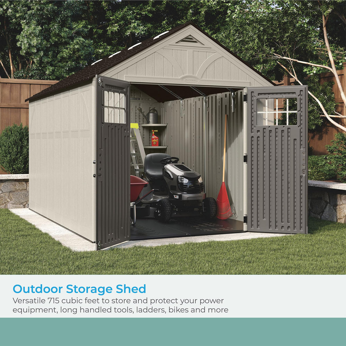 Suncast 8x13 Ft Resin Plastic Shed - Large Outdoor Shed with Floor Included, Lockable Double Doors & Skylights. 715 Cu Ft Tremont Outdoor Storage Sheds for Lawn Tools, Bikes, Riding Mowers, & Tractors Suncast