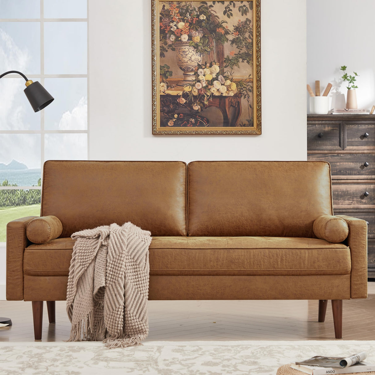 HIFIT 58" Loveseat Sofa Couch, Mid Century Modern Faux Leather Couch with Hand-Sewn Deep Love Seat & 2Pillows, Home Sofa Living Room Small Couches for Small Space,Bedroom,Office,Solid Wood Frame,Brown HIFIT