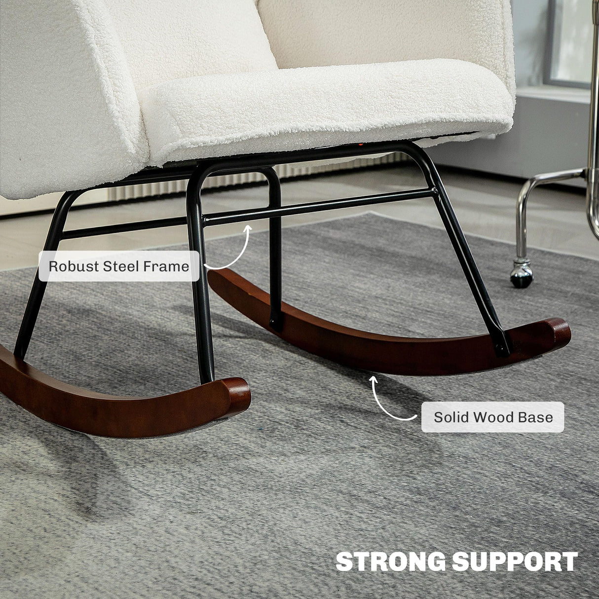 HOMCOM Upholstered Rocking Chair with Headrest and Lumber Pillow, Teddy Fleece Modern Rocker Chair with High Back, Steel Frame and Beech Wood Base for Living Room, Bedroom, Cream White HOMCOM