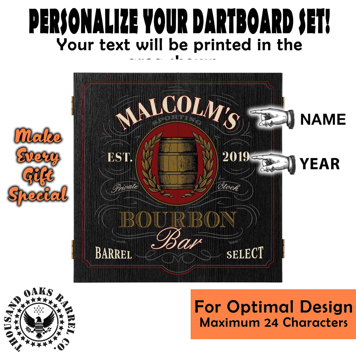 THOUSAND OAKS BARREL Personalized Dart Board Cabinet Set with 6 Steel Tip Darts, Chalk & Eraser Set - Man Cave Furniture, Decor Dart Boards for Adults - Bourbon Bar Dartboard (121) THOUSAND OAKS BARREL