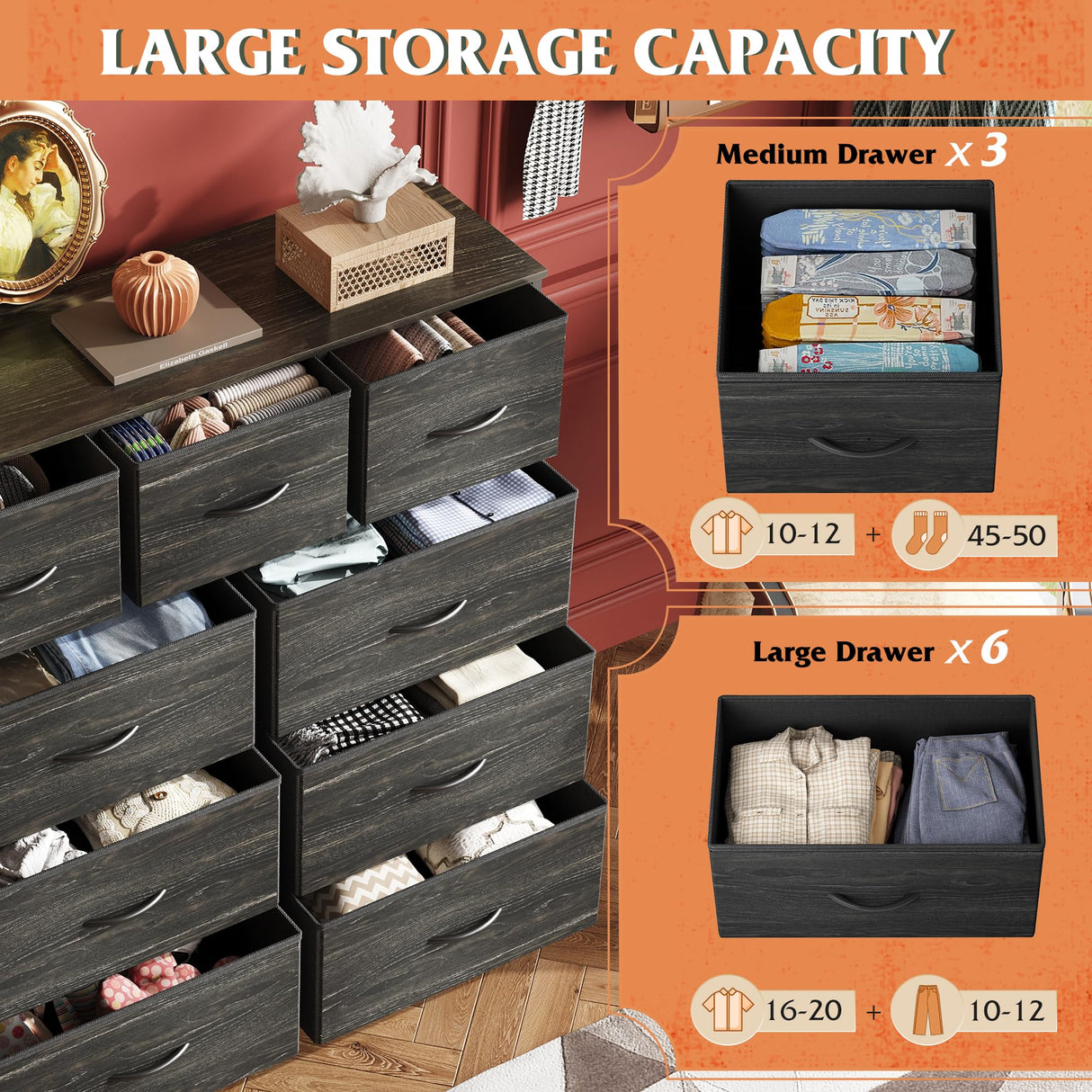 WLIVE 9-Drawer Dresser, Fabric Storage Tower for Bedroom, Entryway, Closet, Tall Chest Organizer Unit with Fabric Bins, Steel Frame, Wood Top, Easy Pull Handle, Charcoal Black Wood Grain Print WLIVE