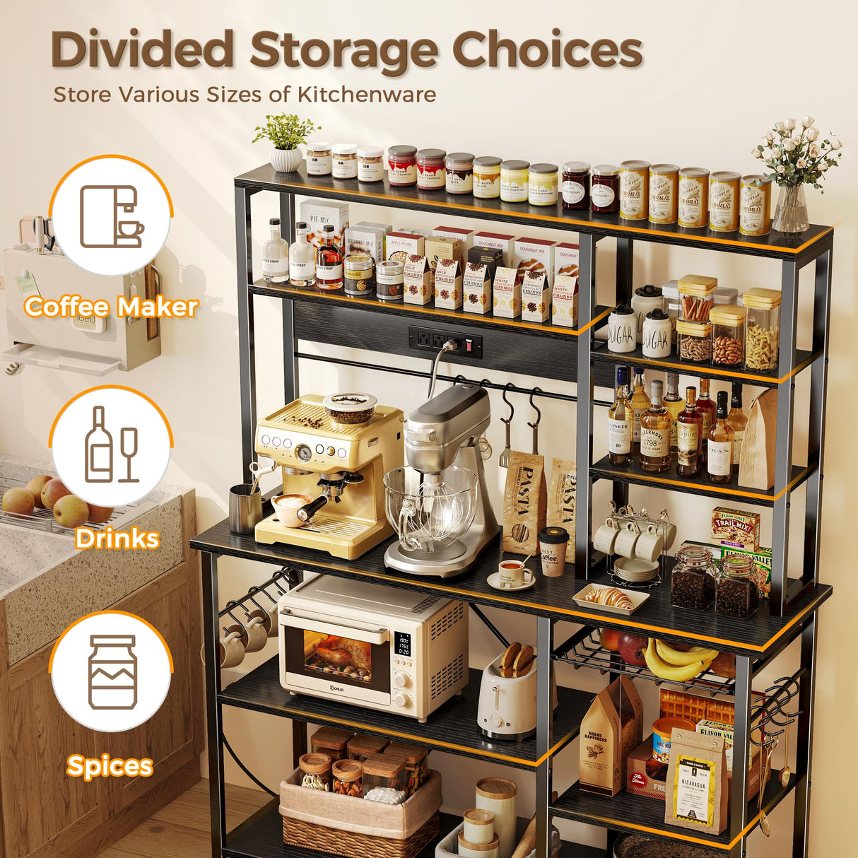 SUPERJARE Larger Bakers Rack with Power Outlets, 6-Tier Microwave Stand, Coffee Bar with 12 S-Shaped Hooks, Kitchen Shelf with Wire Basket, 47.2 x 15.5x 66.9 Inches, Black SUPERJARE