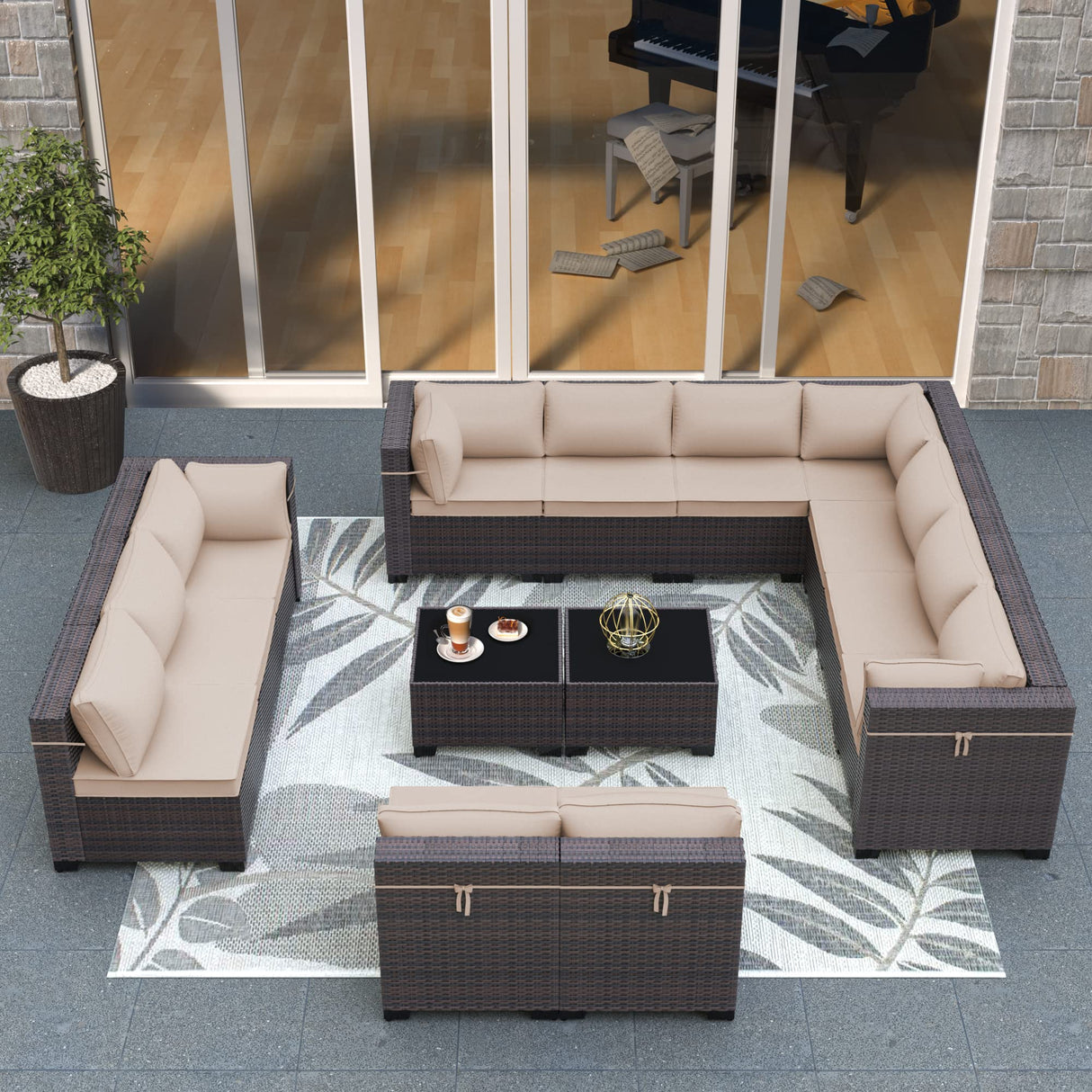 ASJMR Outdoor Patio Furniture Set, 14 Pieces Outdoor Sectional Furniture Patio Sofa, All-Weather PE Rattan Patio Conversation Set with Tempered Glass Top Table & Cushions(Brown). ASJMR