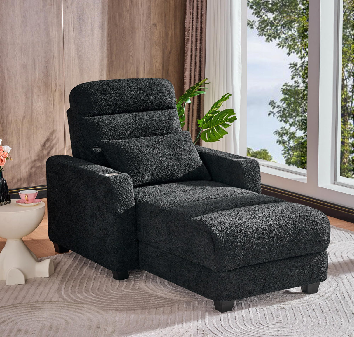 LITVZ Power Reclining Chaise Lounge, Black Electric Chaise Lounge Sofa with Lumbar Pillow, Cup Holder and Wireless Charging, Modern Comfy Wall Hugger Recliners for Small Spaces LITVZ