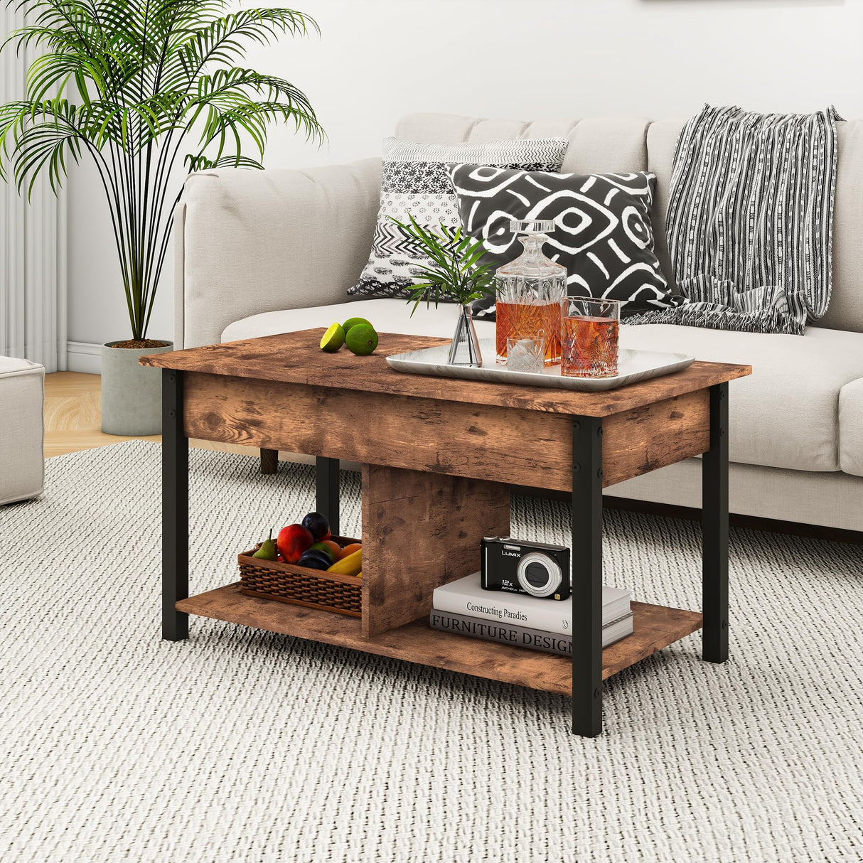 HOMERECOMMEND Lift Top Coffee Table with Storage Shelf and Hidden Compartments,Coffee Tables for for Living Room,Rustic Brown Lift Top Coffee Table HOMERECOMMEND