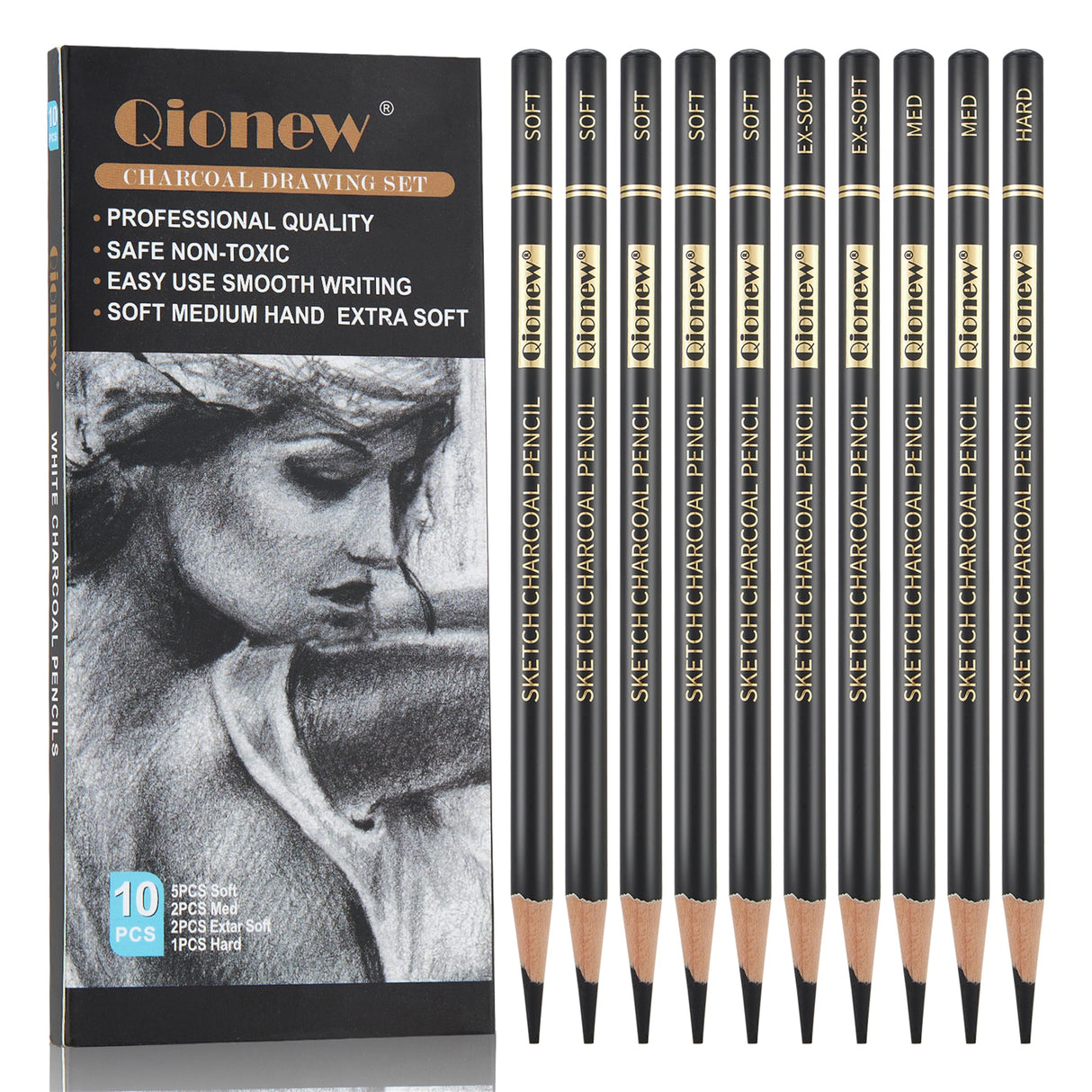 Qionew Professional Charcoal Pencils Drawing Set - 10 Pieces Super Soft, Soft, Medium & Hard Charcoal Pencils for Drawing, Sketching, Shading, Beginners & Artists Qionew