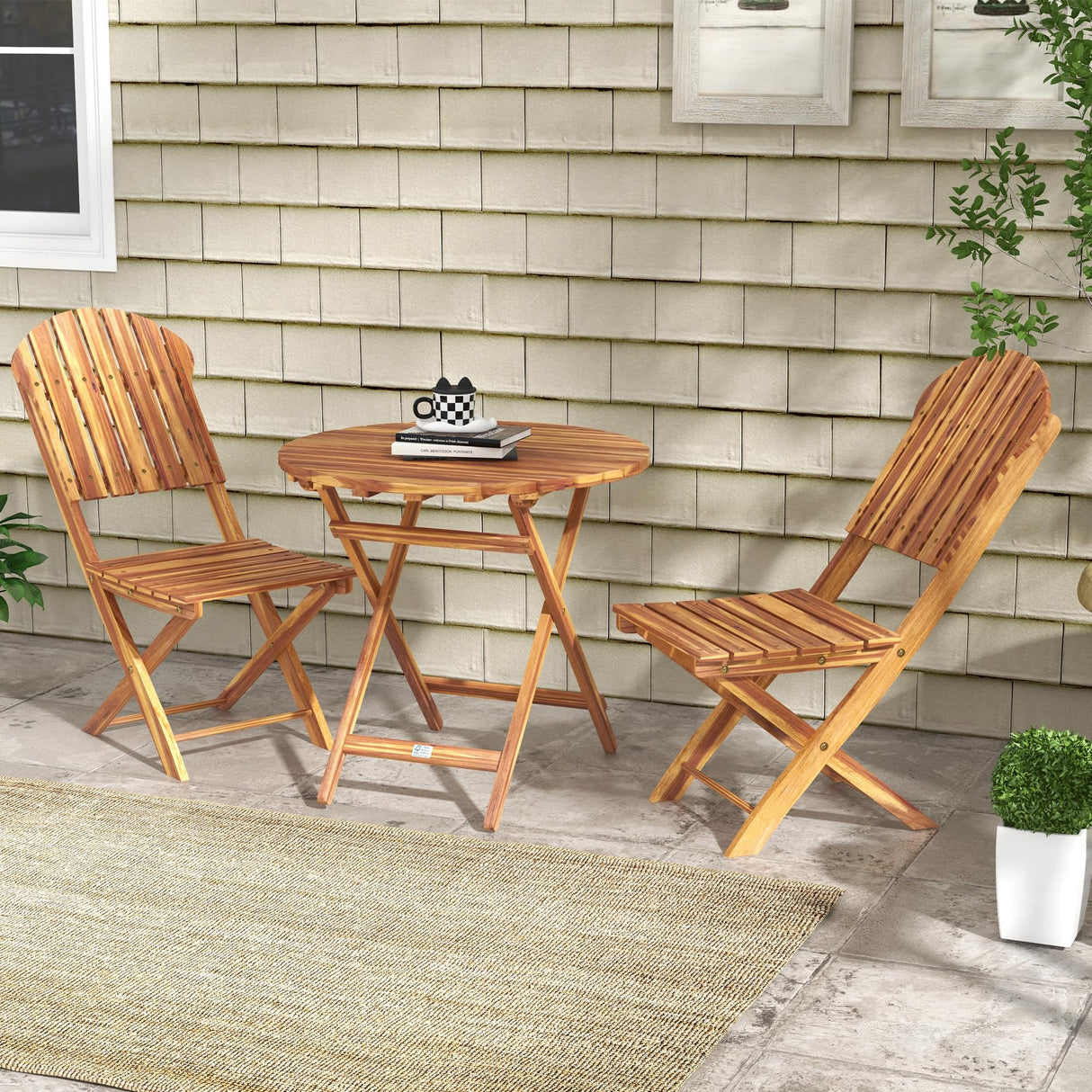 Outsunny 3-Piece Acacia Wood Bistro Set, Foldable Bistro Table and Chairs, Outdoor Bistro Set for Garden, Backyard, Balcony, Deck, Porch, Natural Wood Finish Outsunny