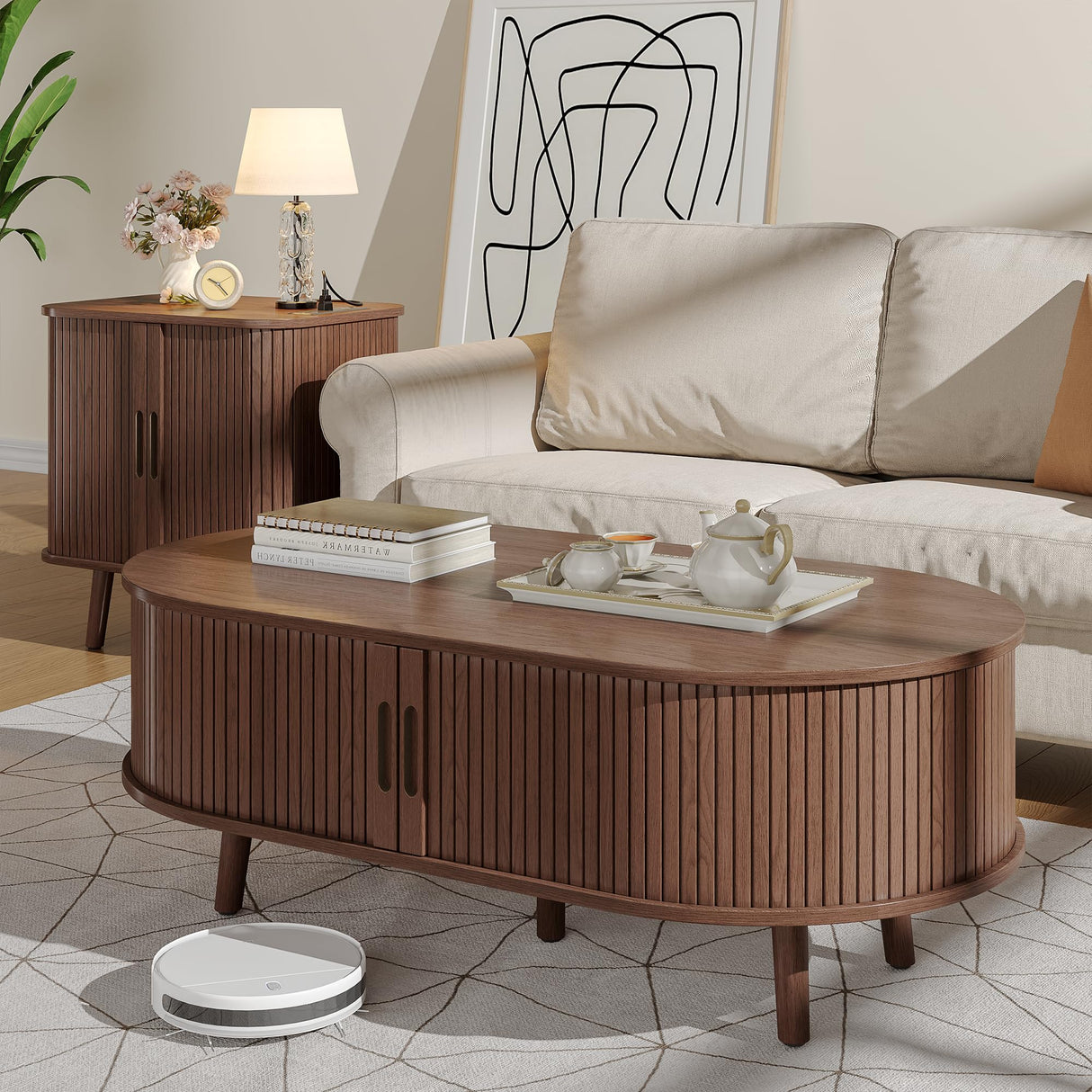 Alohappy Oval Coffee Table, Mid Century Modern Coffee Table with Sliding Tambour Door, Fluted Center Table with Hidden Storage, Curved Profile Dining Table for Living Room, Home Office,Walnut Alohappy