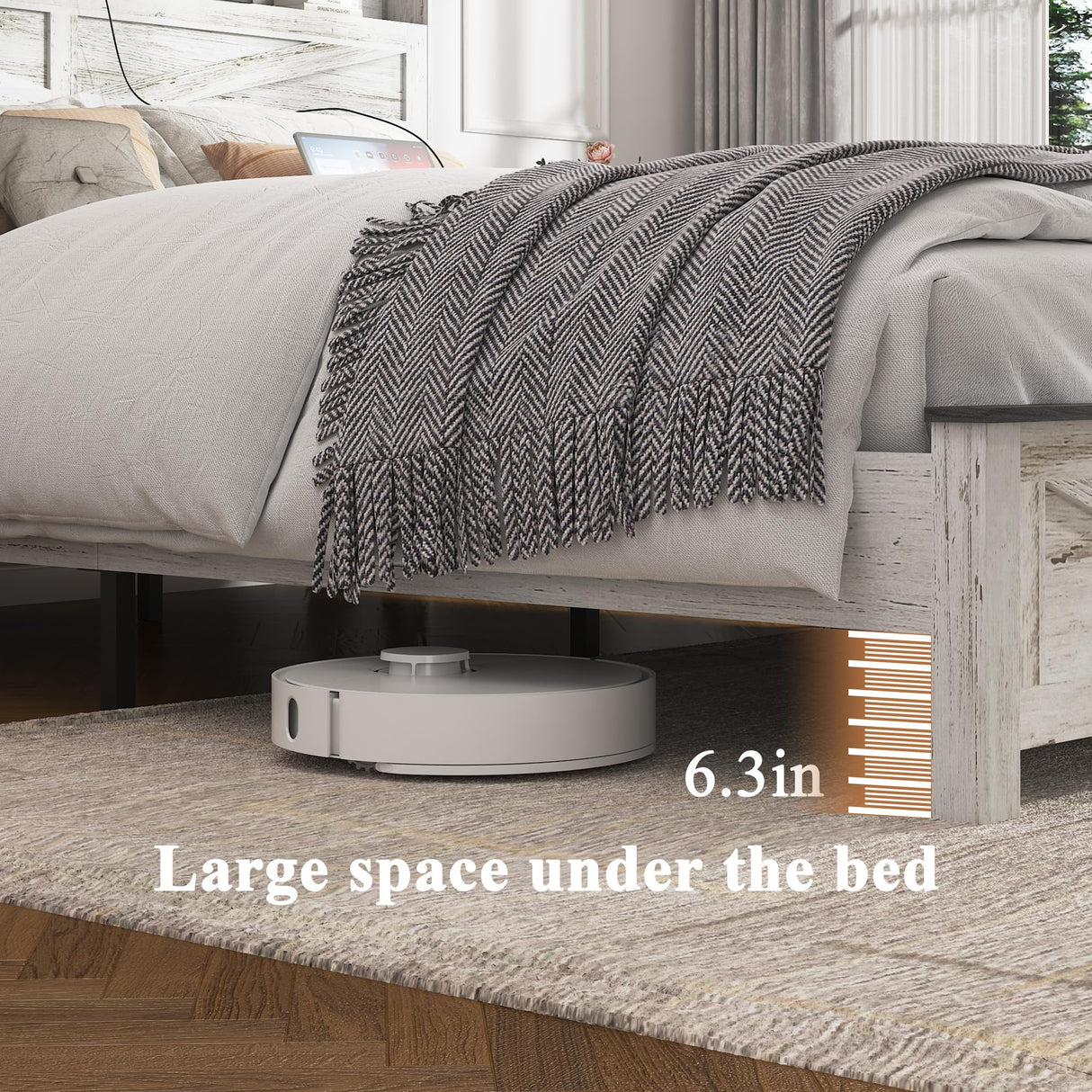 madeslves Farmhouse Wooden Bed Frame King Size with Storage Headboard, Boho Platform Bedframe with LED Lights and Charging Station, Metal Slats Support, No Box Spring Needed, White madeslves