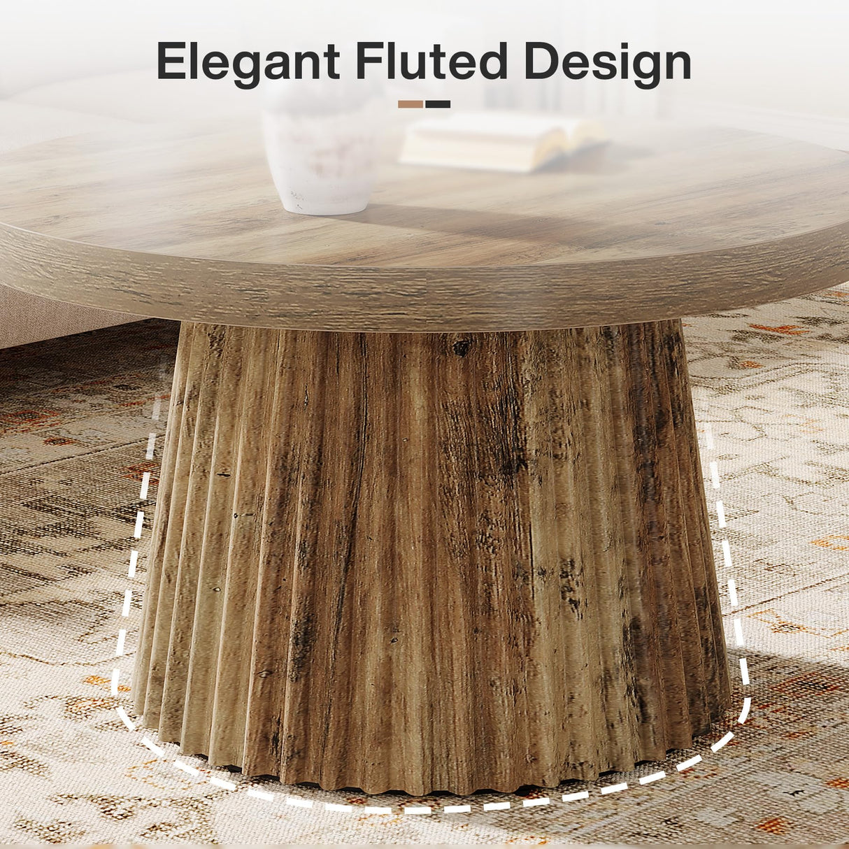 Tribesigns Coffee Table, 31.5" Small Farmhouse Round Coffee Tables with Fluted Drum Base, Mid Century Modern Boho Accent Center Table for Living Room, Apartment, Small Space, Brown Tribesigns